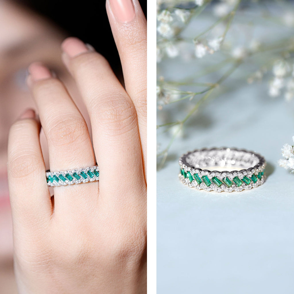 Lab Grown Emerald Wedding Band – Braided Ring Design with Moissanite Stones