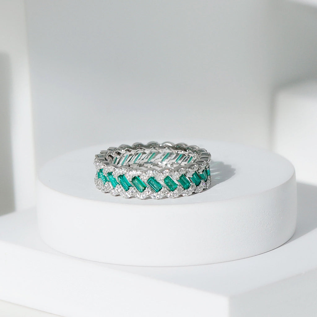 Lab Grown Emerald Wedding Band – Braided Ring Design with Moissanite Stones
