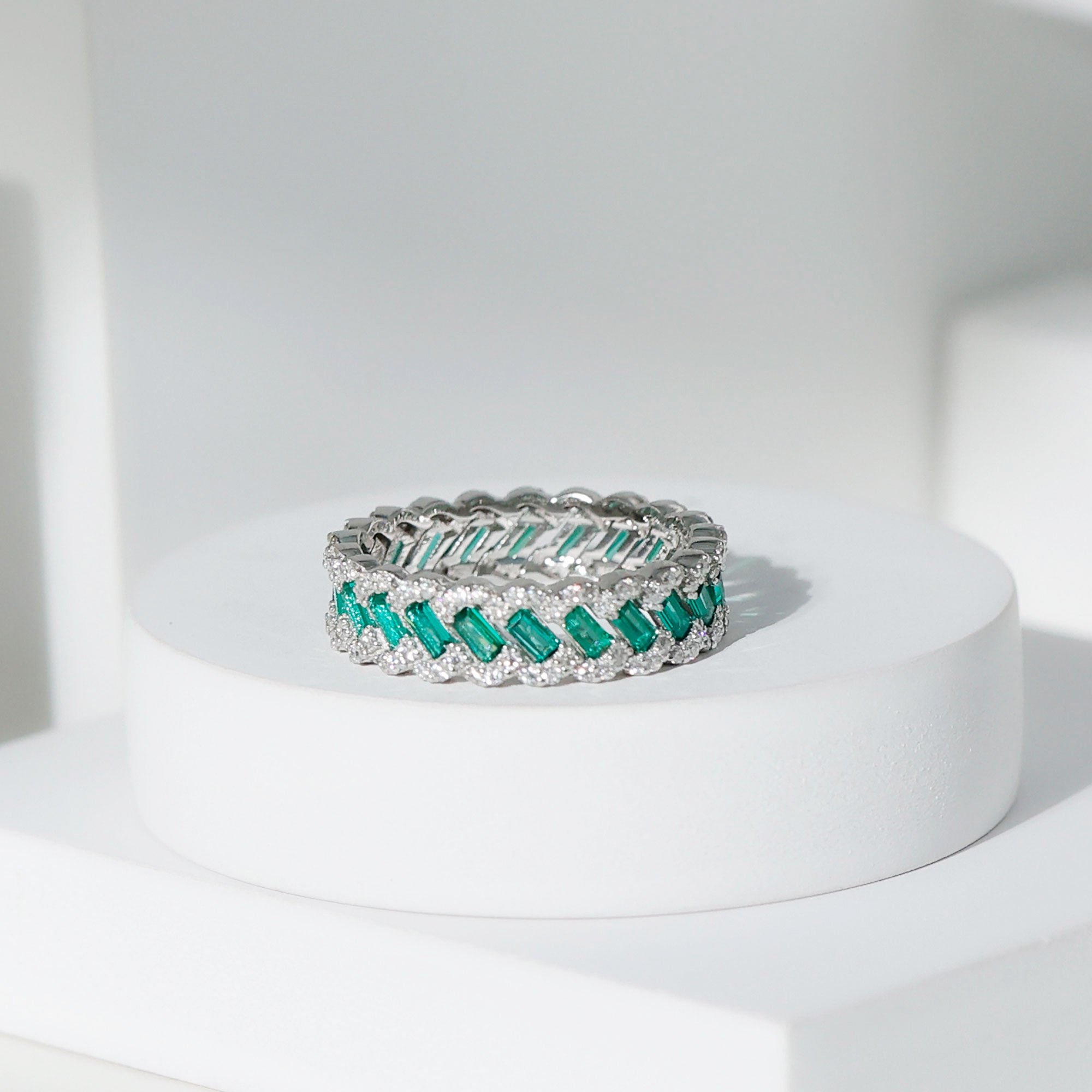 Lab Grown Emerald Wedding Band – Braided Ring Design with Moissanite Stones