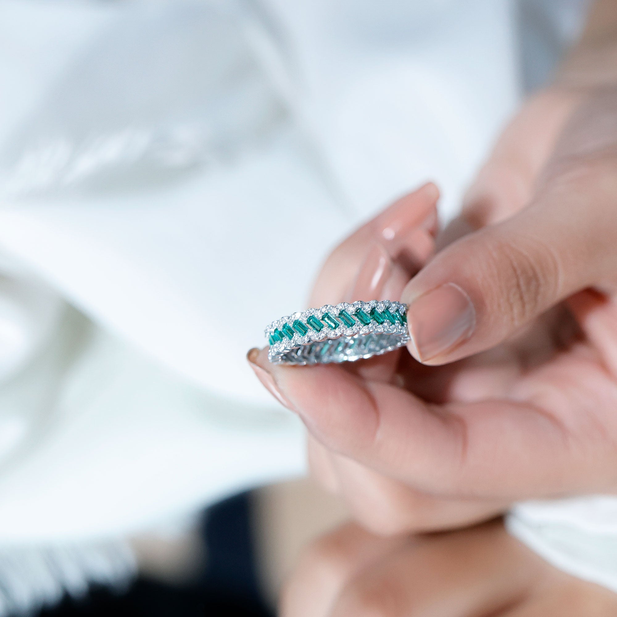 Lab Grown Emerald Wedding Band – Braided Ring Design with Moissanite Stones