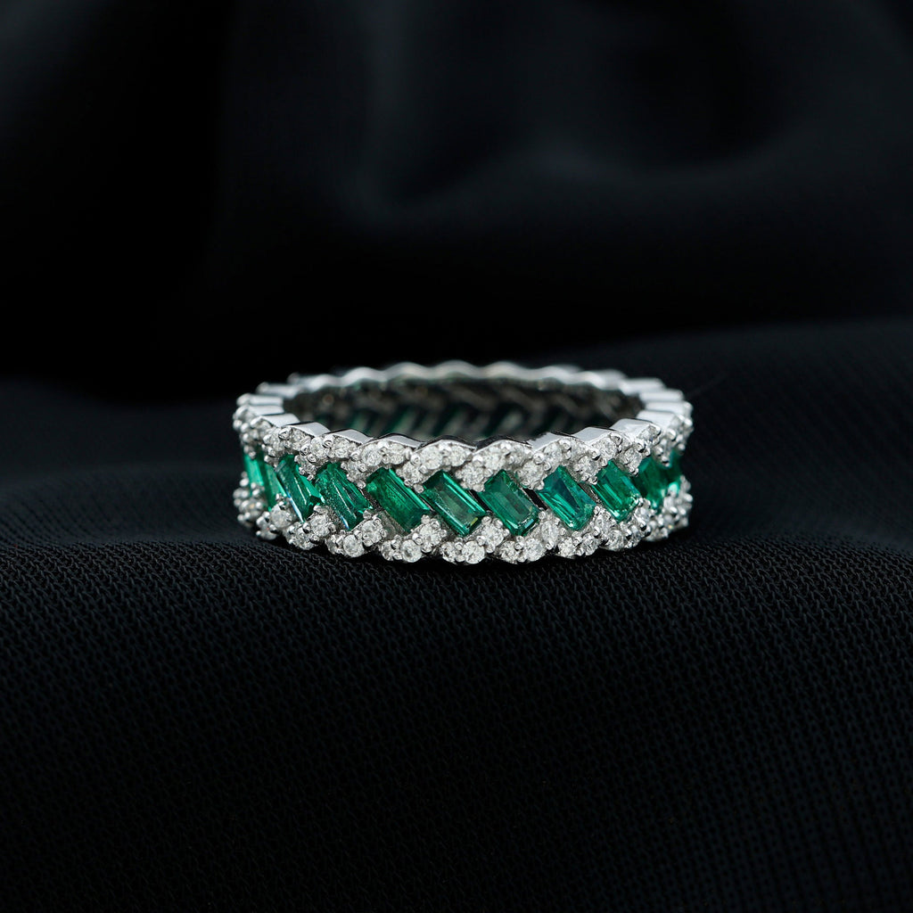 Lab Grown Emerald Wedding Band – Braided Ring Design with Moissanite Stones