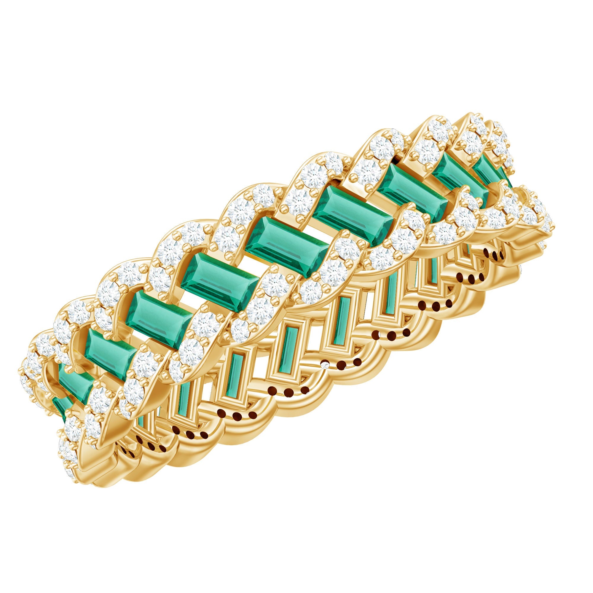 Lab Grown Emerald Wedding Band – Braided Ring Design with Moissanite Stones