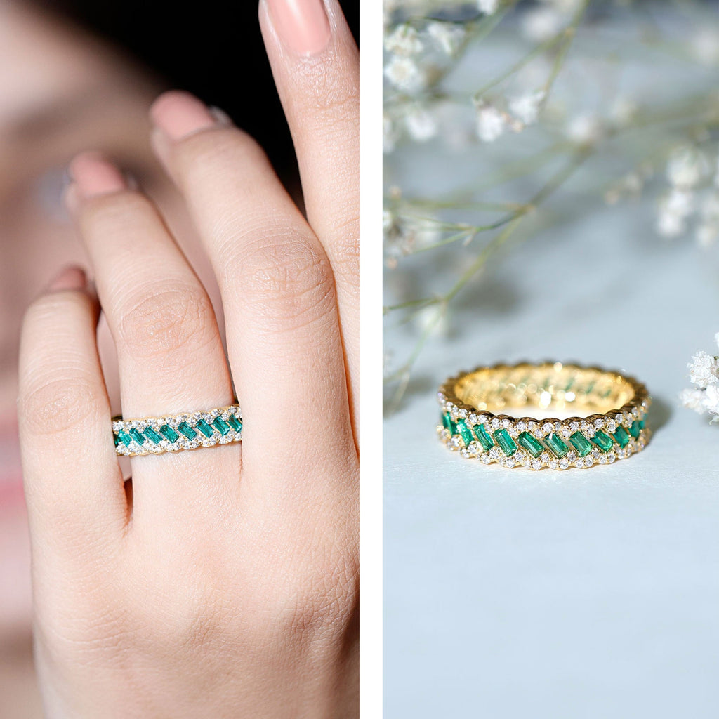 Lab Grown Emerald Wedding Band – Braided Ring Design with Moissanite Stones