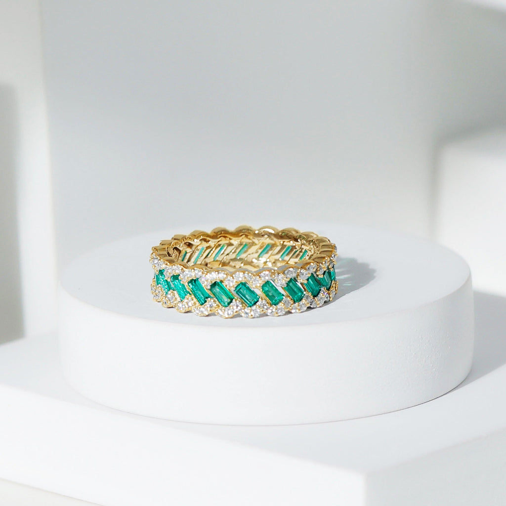 Lab Grown Emerald Wedding Band – Braided Ring Design with Moissanite Stones