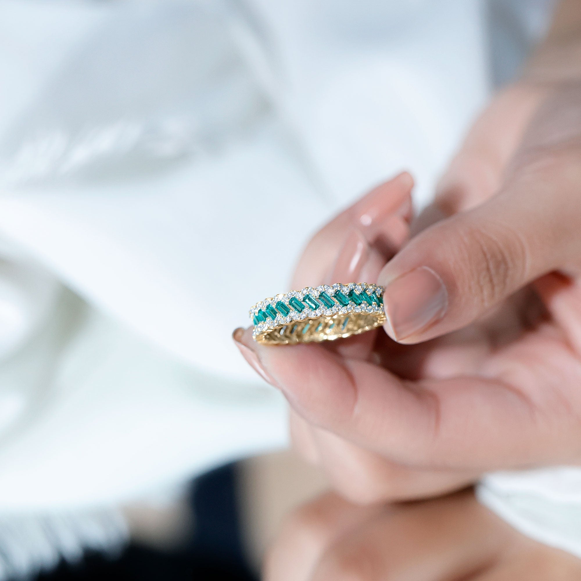 Lab Grown Emerald Wedding Band – Braided Ring Design with Moissanite Stones