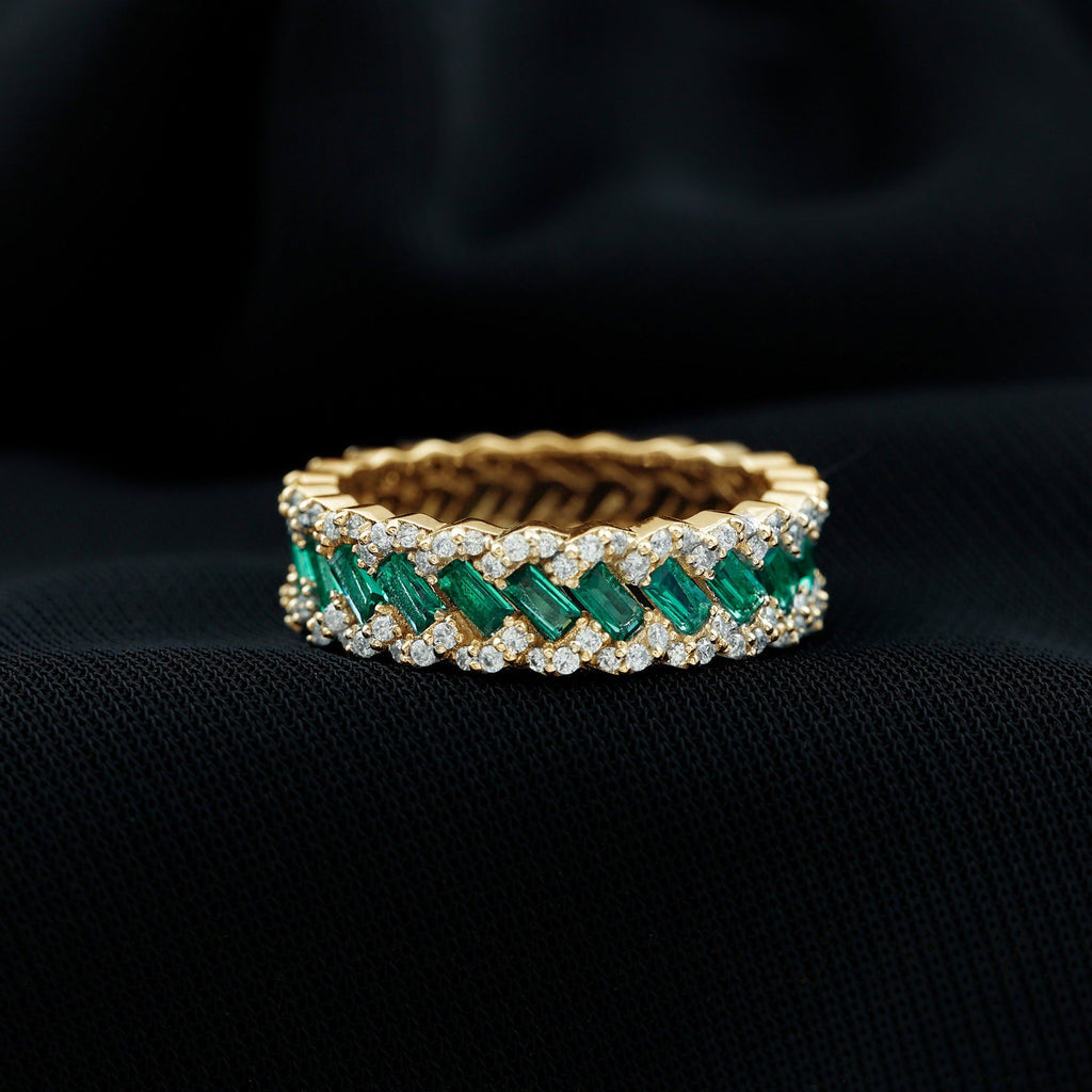 Lab Grown Emerald Wedding Band – Braided Ring Design with Moissanite Stones