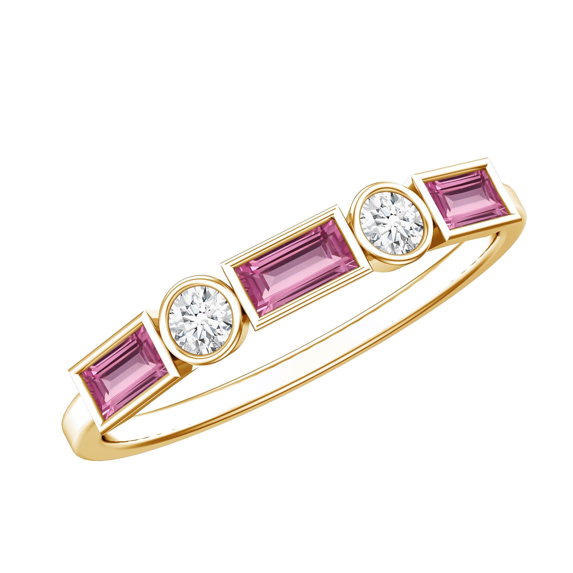 Pink Tourmaline Ring – Stackable Bezel Setting Diamond Eternity Band in Rose Gold
