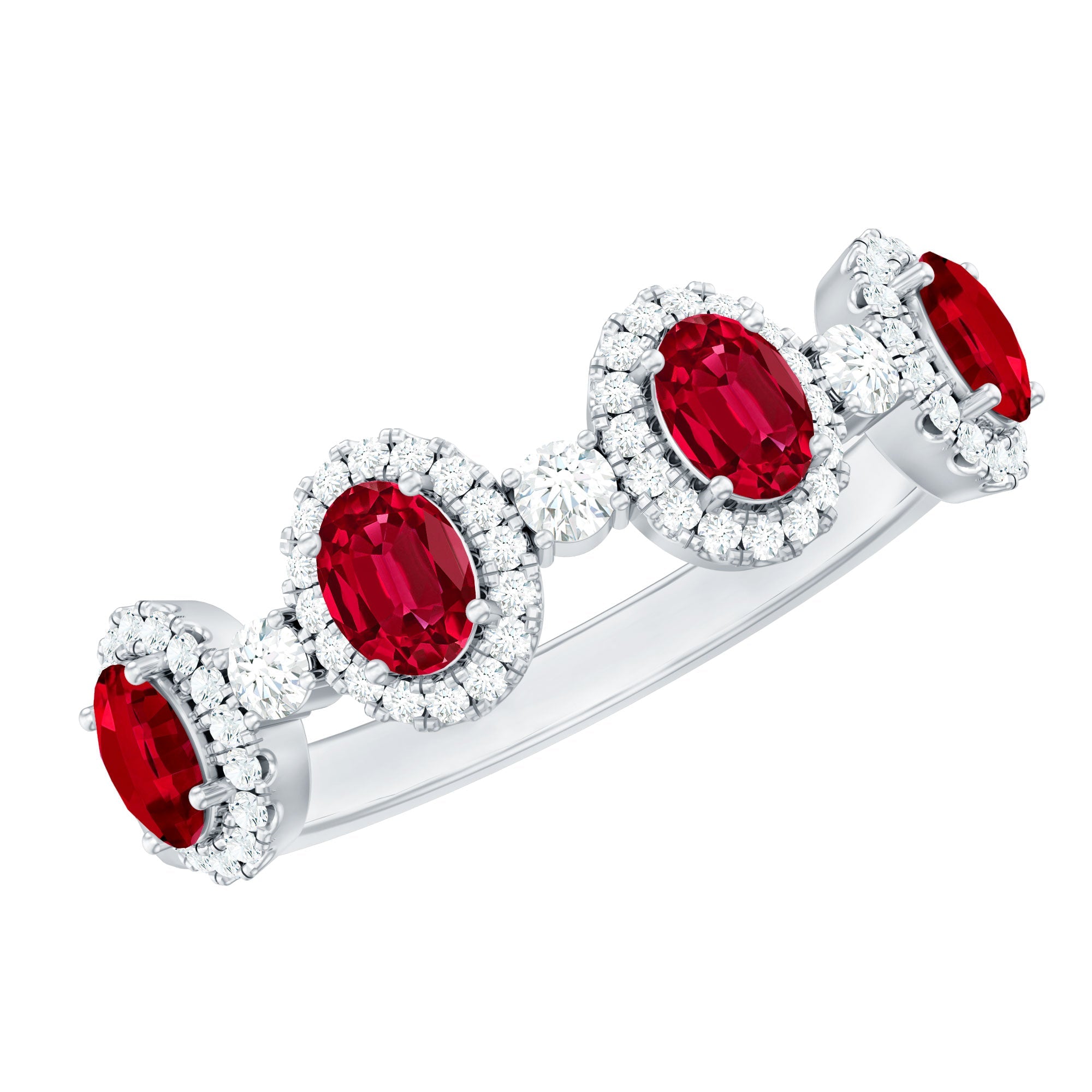 Ruby Diamond Wedding Band – Lab Created Ruby Oval Ring with Brilliant Cut Diamonds