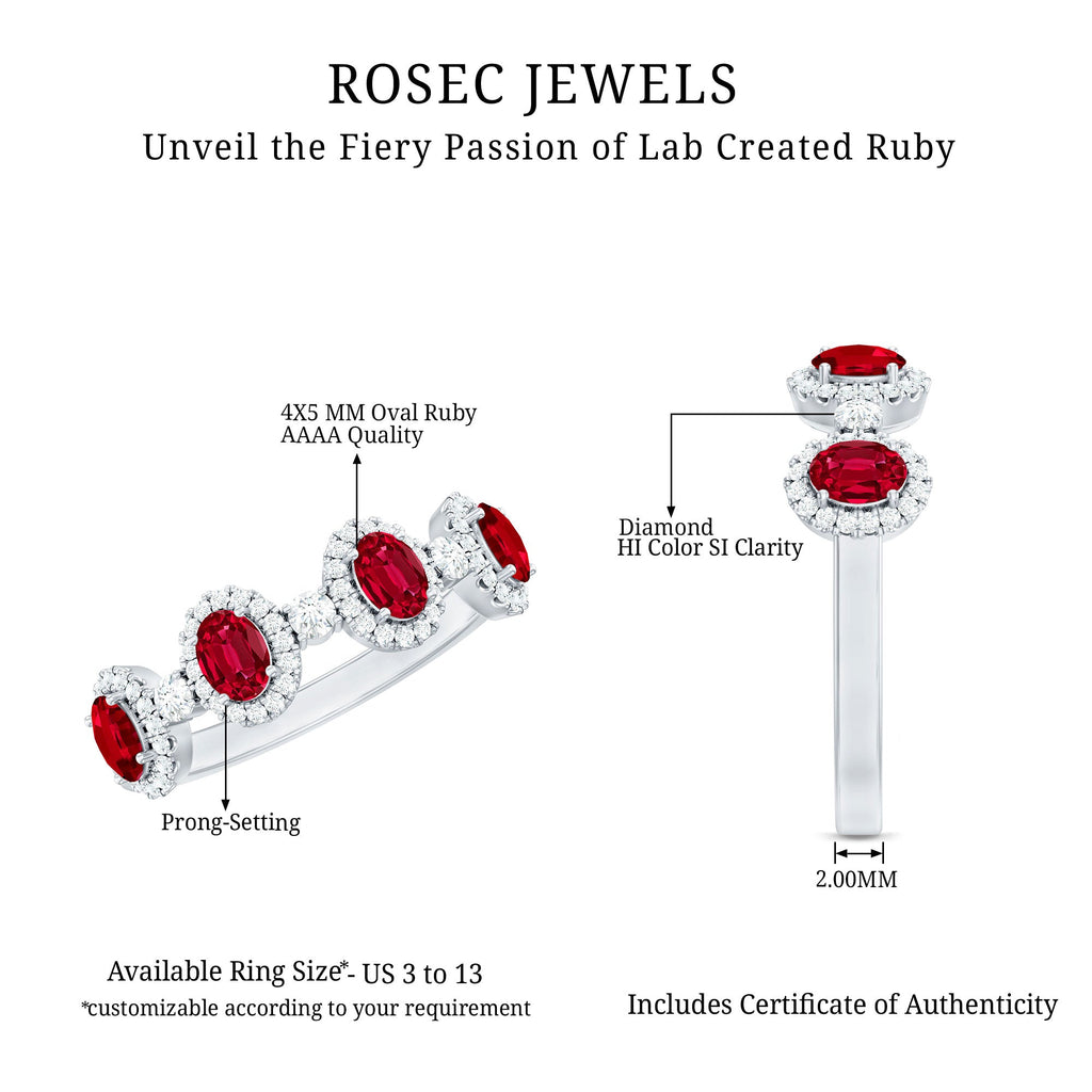 Ruby Diamond Wedding Band – Lab Created Ruby Oval Ring with Brilliant Cut Diamonds