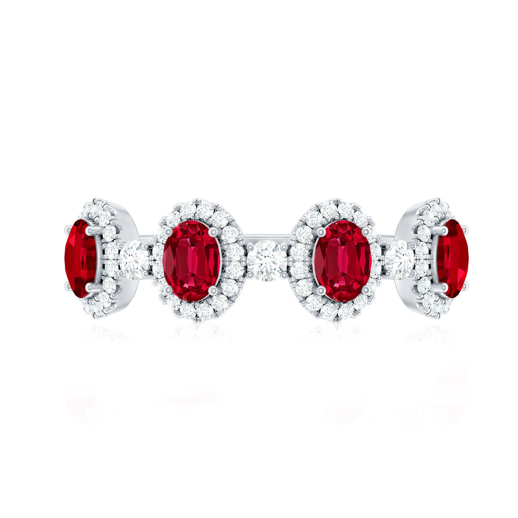 Ruby Diamond Wedding Band – Lab Created Ruby Oval Ring with Brilliant Cut Diamonds