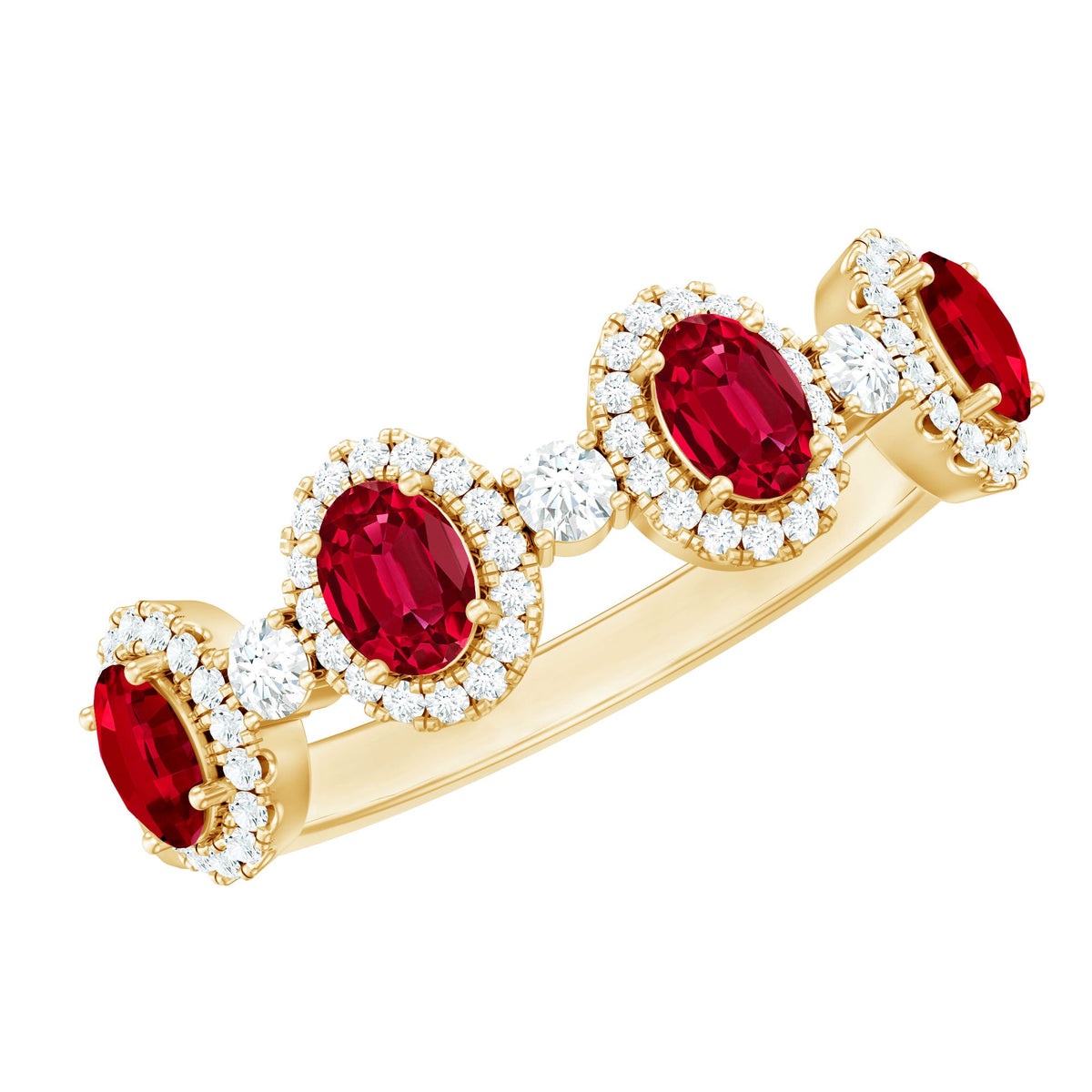Ruby Diamond Wedding Band – Lab Created Ruby Oval Ring with Brilliant Cut Diamonds