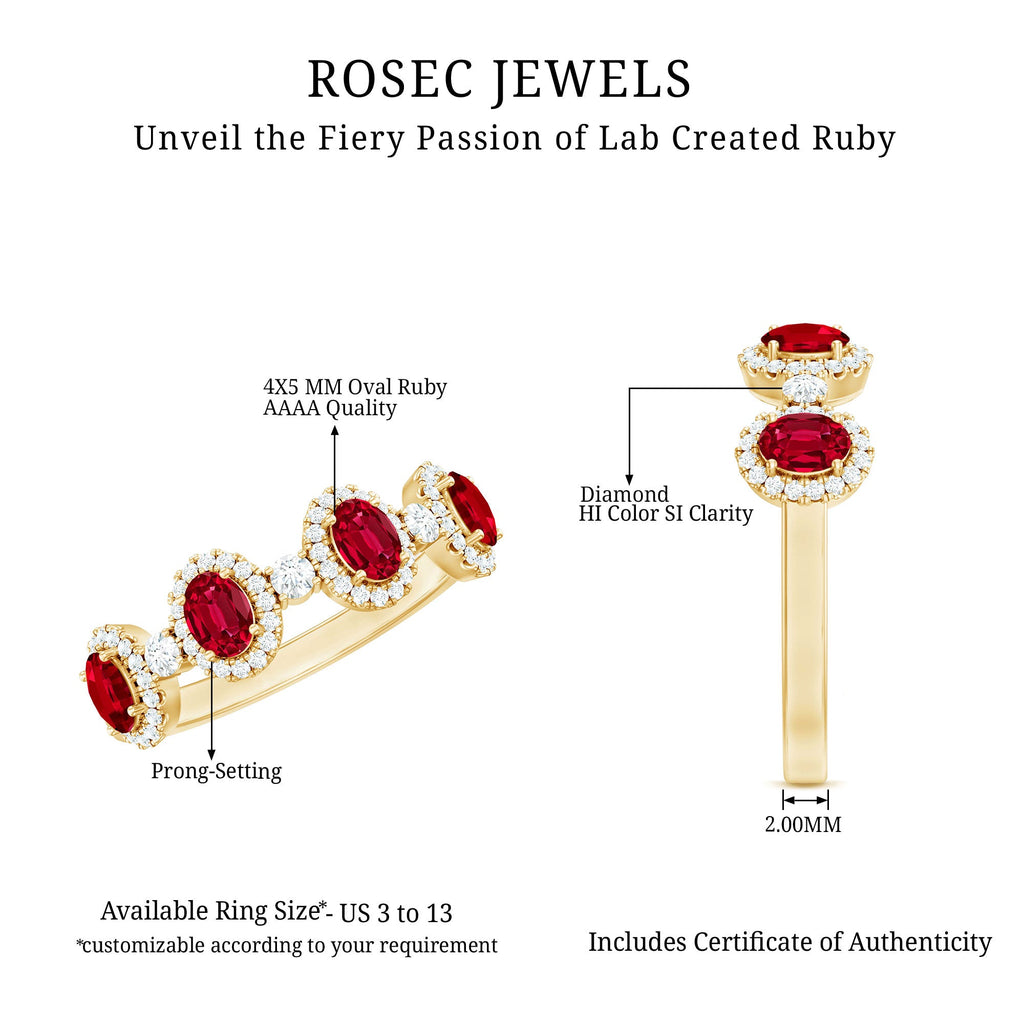 Ruby Diamond Wedding Band – Lab Created Ruby Oval Ring with Brilliant Cut Diamonds