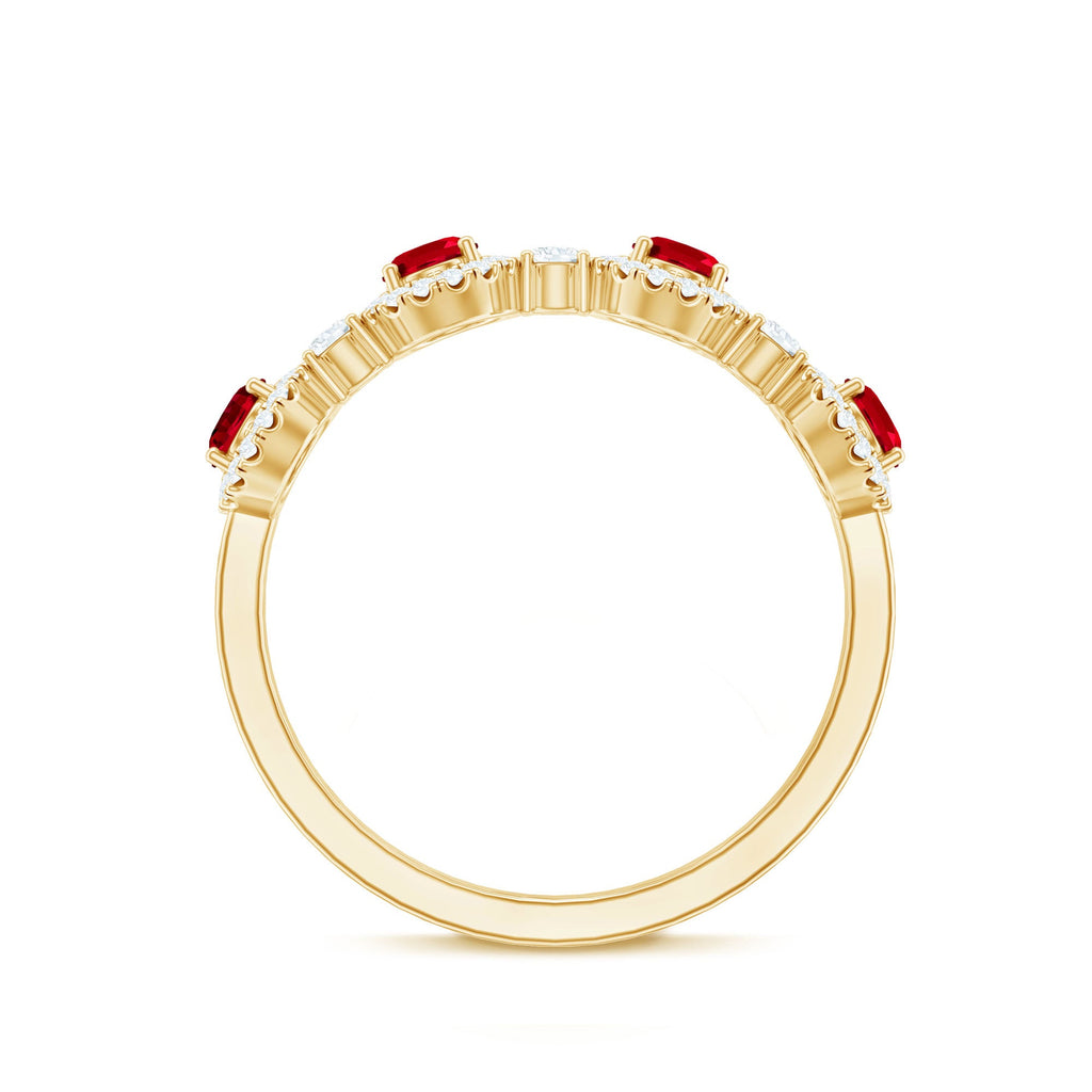 Ruby Diamond Wedding Band – Lab Created Ruby Oval Ring with Brilliant Cut Diamonds