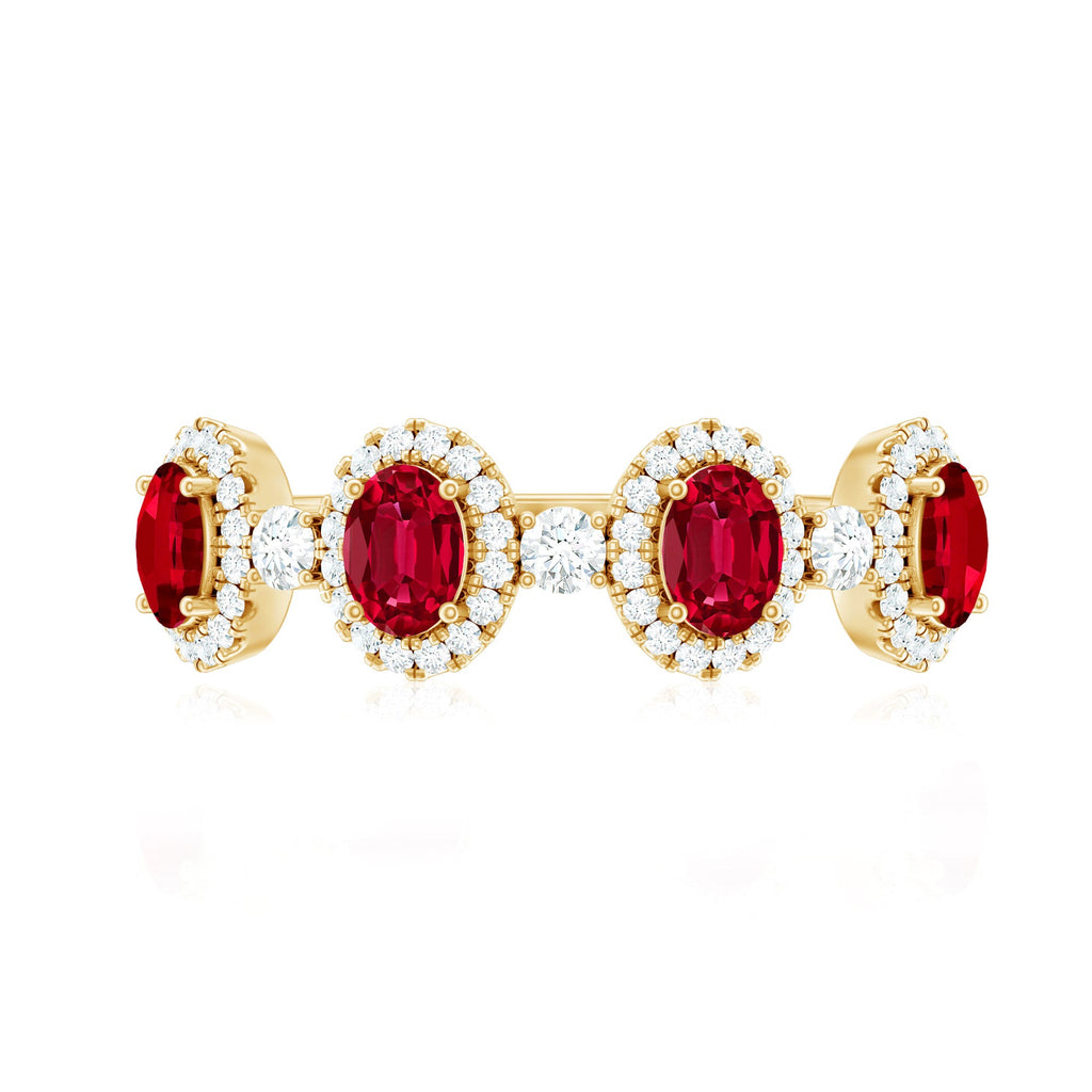 Ruby Diamond Wedding Band – Lab Created Ruby Oval Ring with Brilliant Cut Diamonds