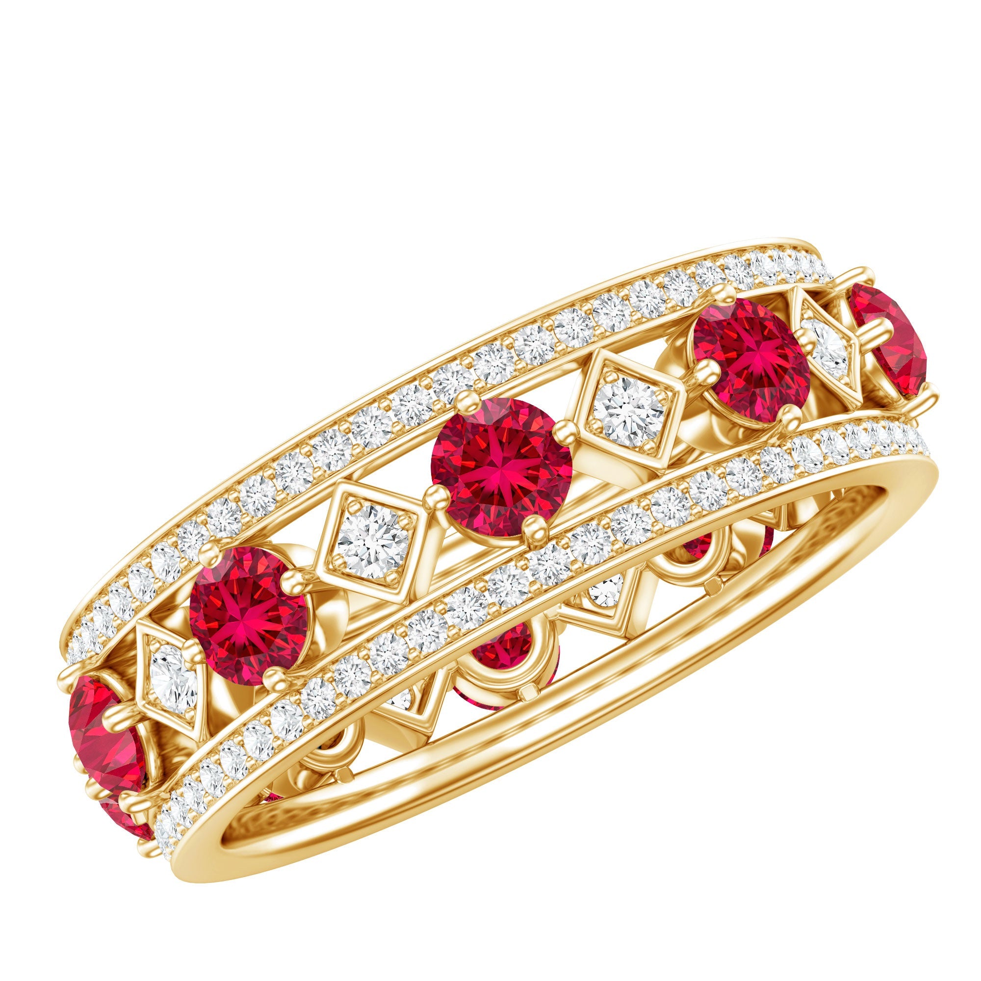 Lab Grown Ruby Ring – Vintage Wedding Band With Sparkling Moissanite Stones
