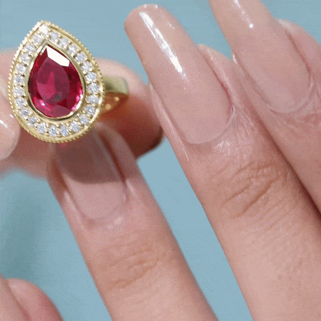 Lab Created Ruby Ring – 2.9 Ct Pear Shaped Ruby with Diamond Halo Design