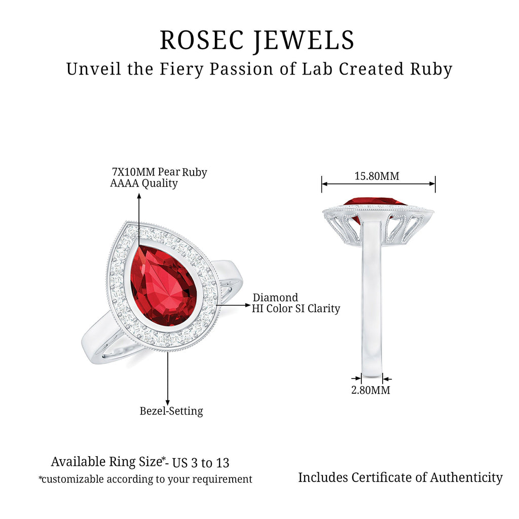 Lab Created Ruby Ring – 2.9 Ct Pear Shaped Ruby with Diamond Halo Design