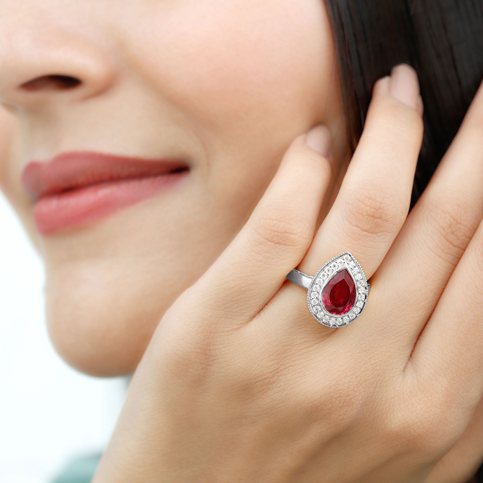 Lab Created Ruby Ring – 2.9 Ct Pear Shaped Ruby with Diamond Halo Design
