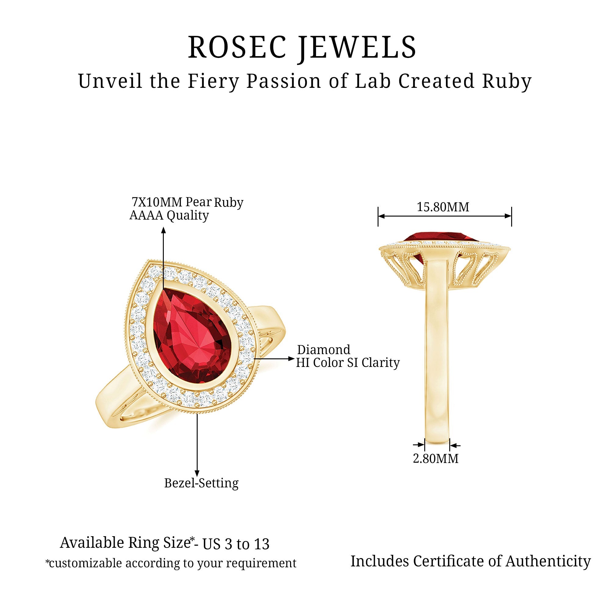 Lab Created Ruby Ring – 2.9 Ct Pear Shaped Ruby with Diamond Halo Design