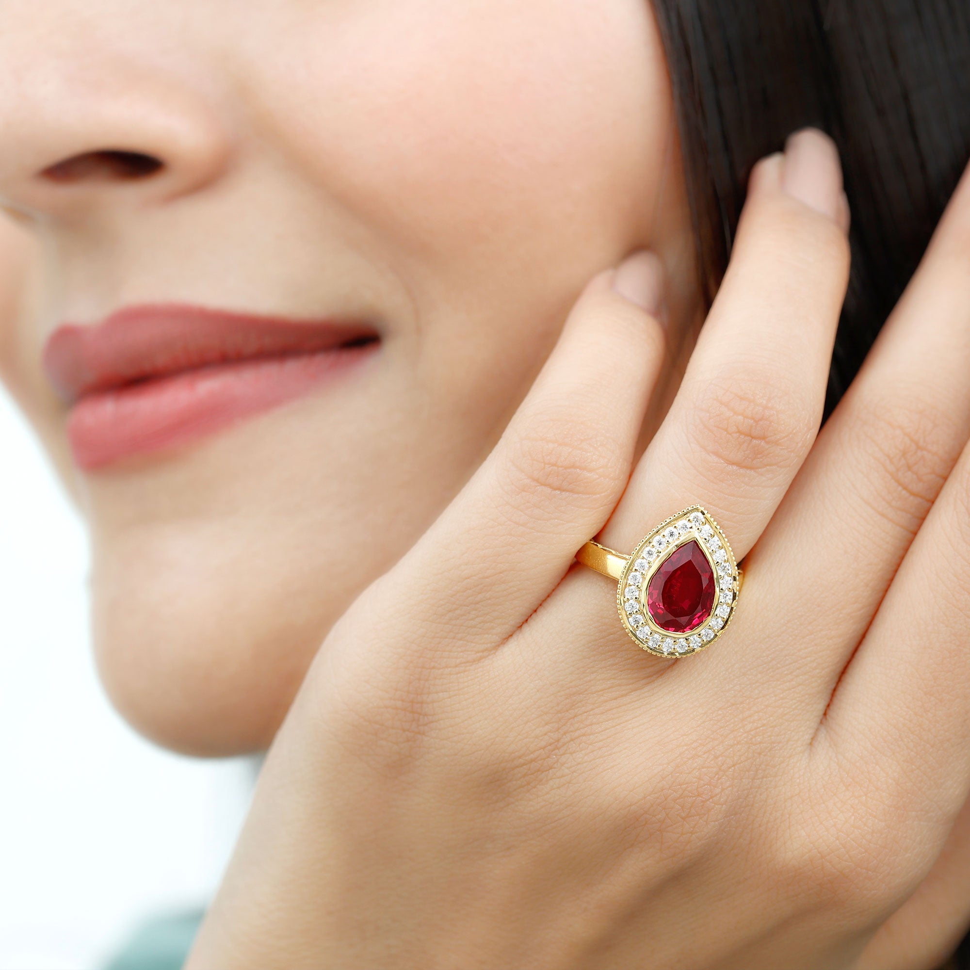 Lab Created Ruby Ring – 2.9 Ct Pear Shaped Ruby with Diamond Halo Design