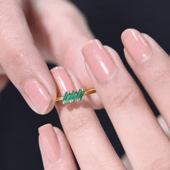 Lab Grown Emerald Ring – Three Stone Promise Band With Baguette Emeralds
