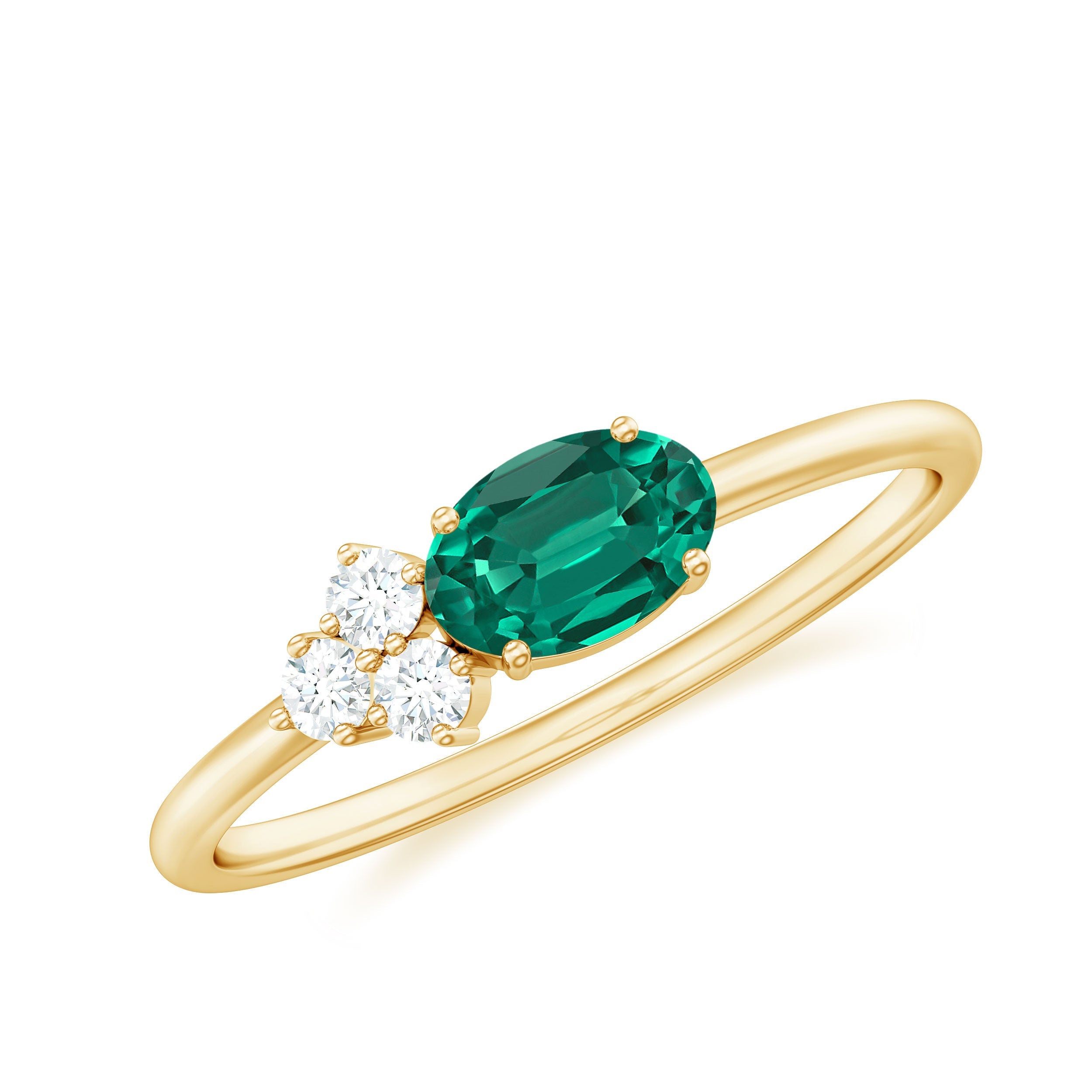 Lab Grown Emerald Ring – East West Oval Promise Ring with Diamond Trio Design