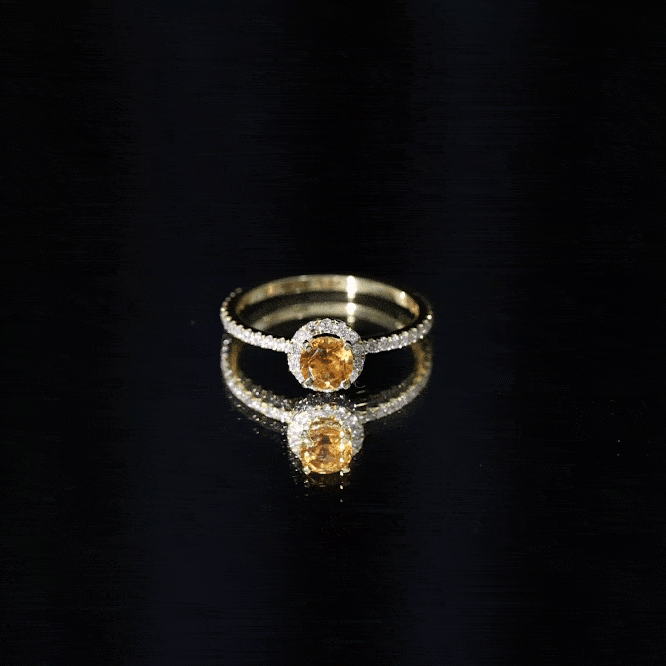Citrine Engagement Ring – Round Cut Citrine Halo Diamond Band | Classic Prong Setting