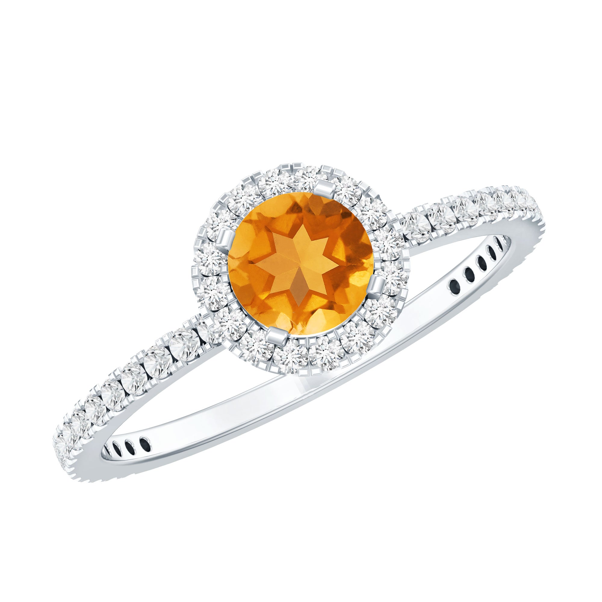 Citrine Engagement Ring – Round Cut Citrine Halo Diamond Band | Classic Prong Setting