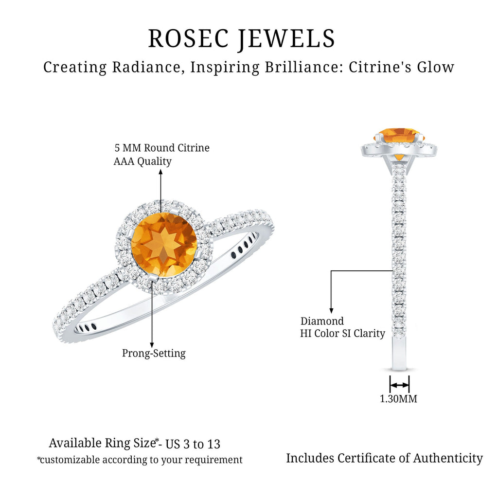 Citrine Engagement Ring – Round Cut Citrine Halo Diamond Band | Classic Prong Setting