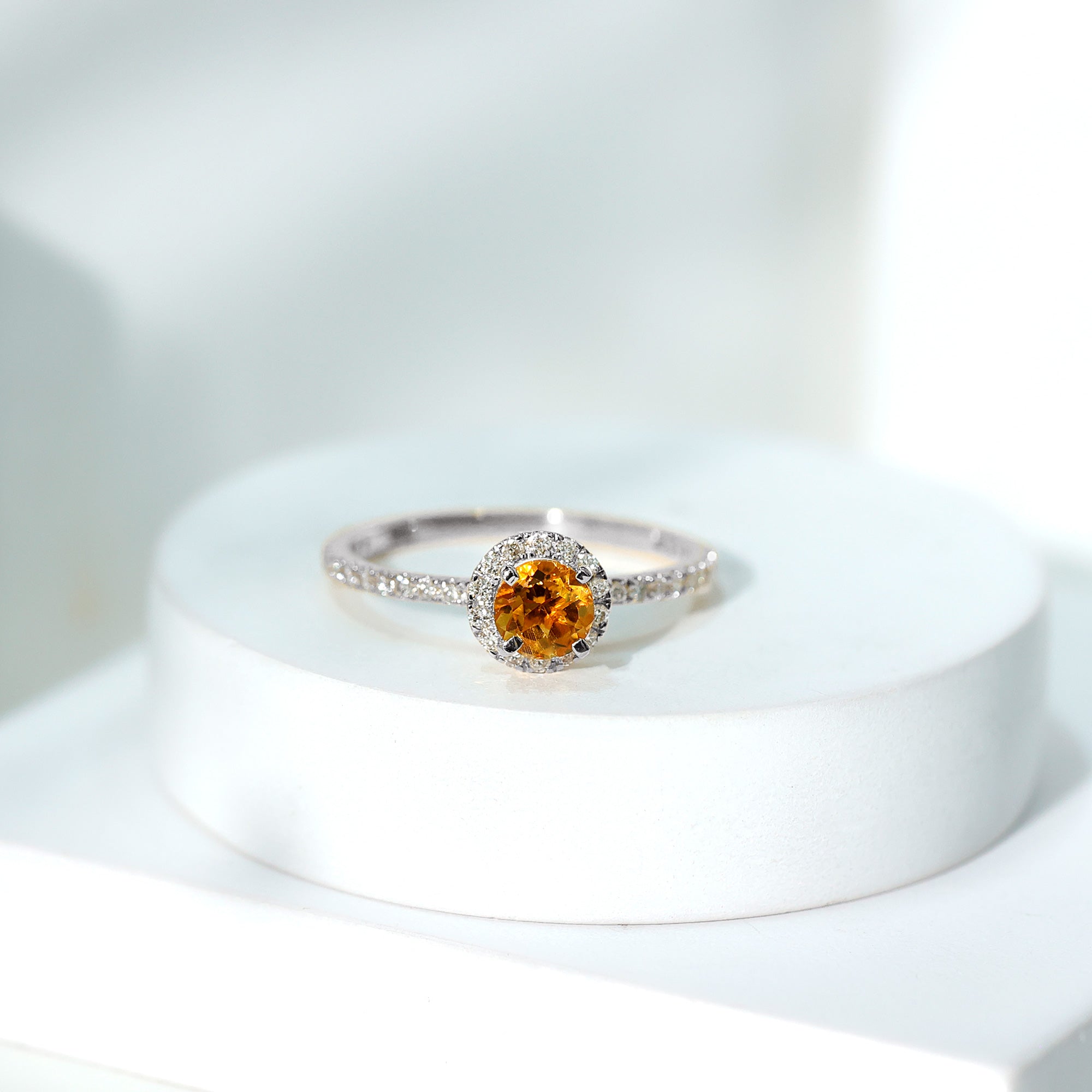 Citrine Engagement Ring – Round Cut Citrine Halo Diamond Band | Classic Prong Setting