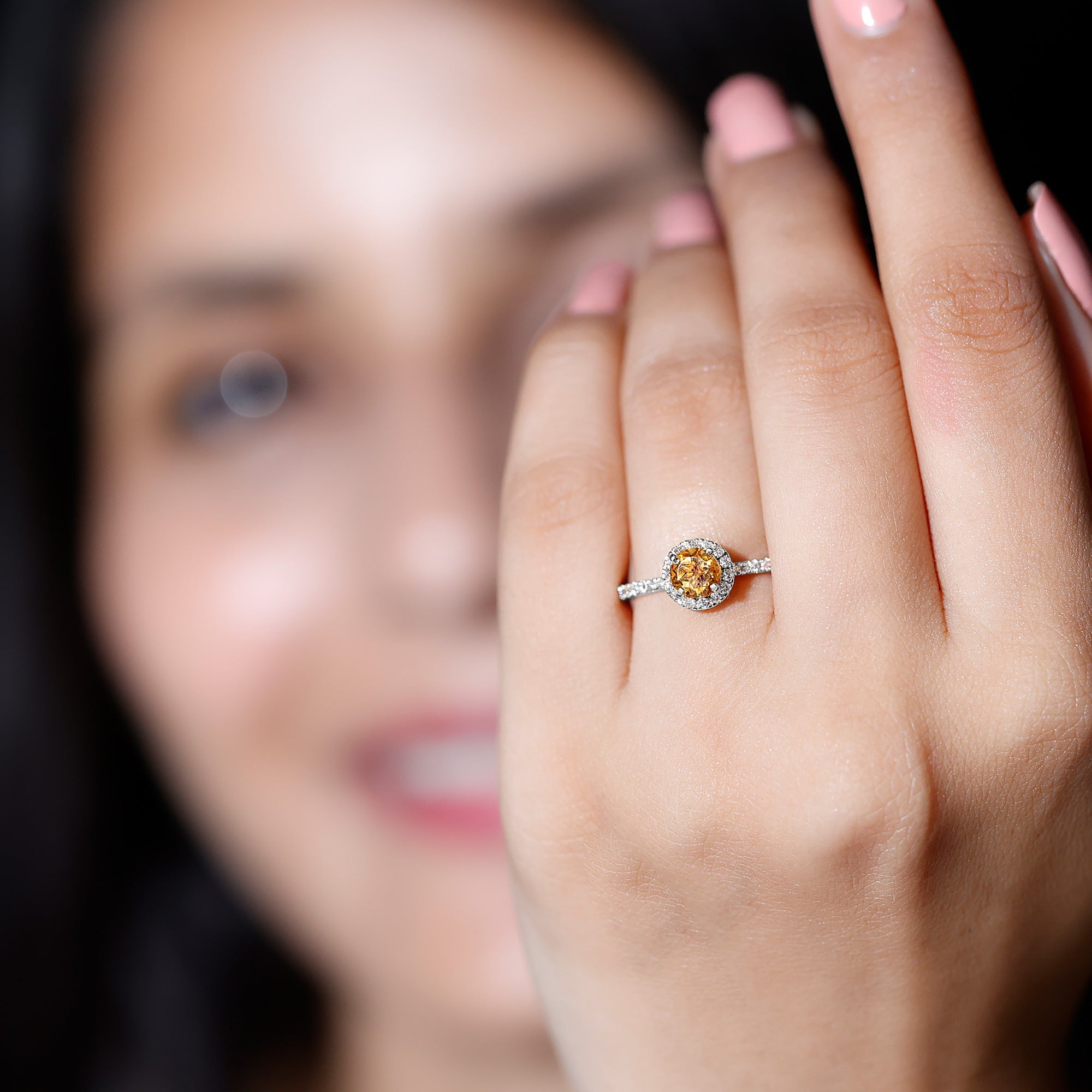 Citrine Engagement Ring – Round Cut Citrine Halo Diamond Band | Classic Prong Setting