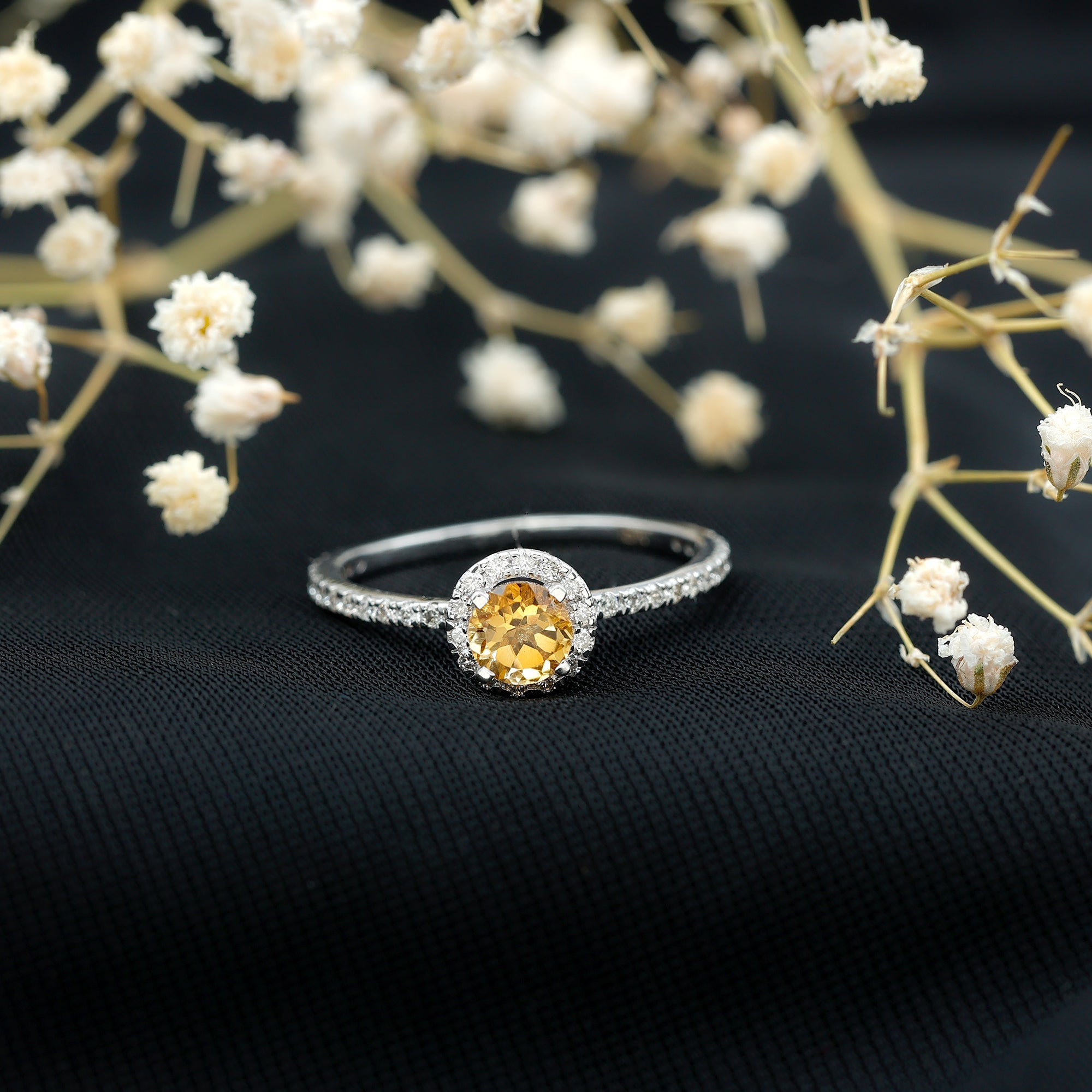 Citrine Engagement Ring – Round Cut Citrine Halo Diamond Band | Classic Prong Setting