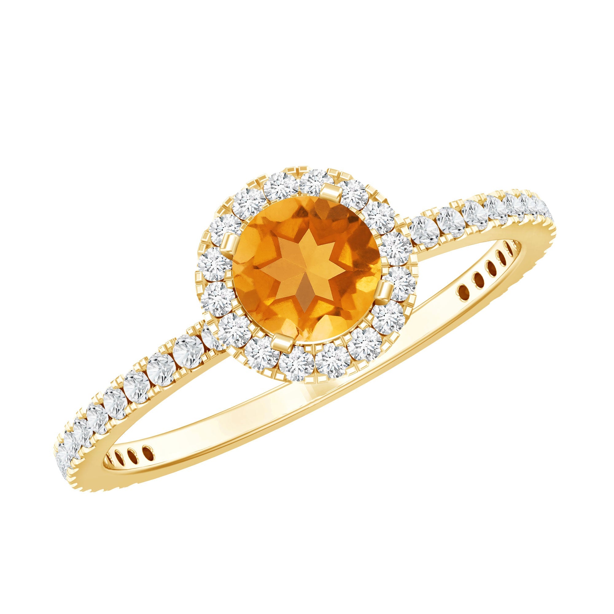 Citrine Engagement Ring – Round Cut Citrine Halo Diamond Band | Classic Prong Setting