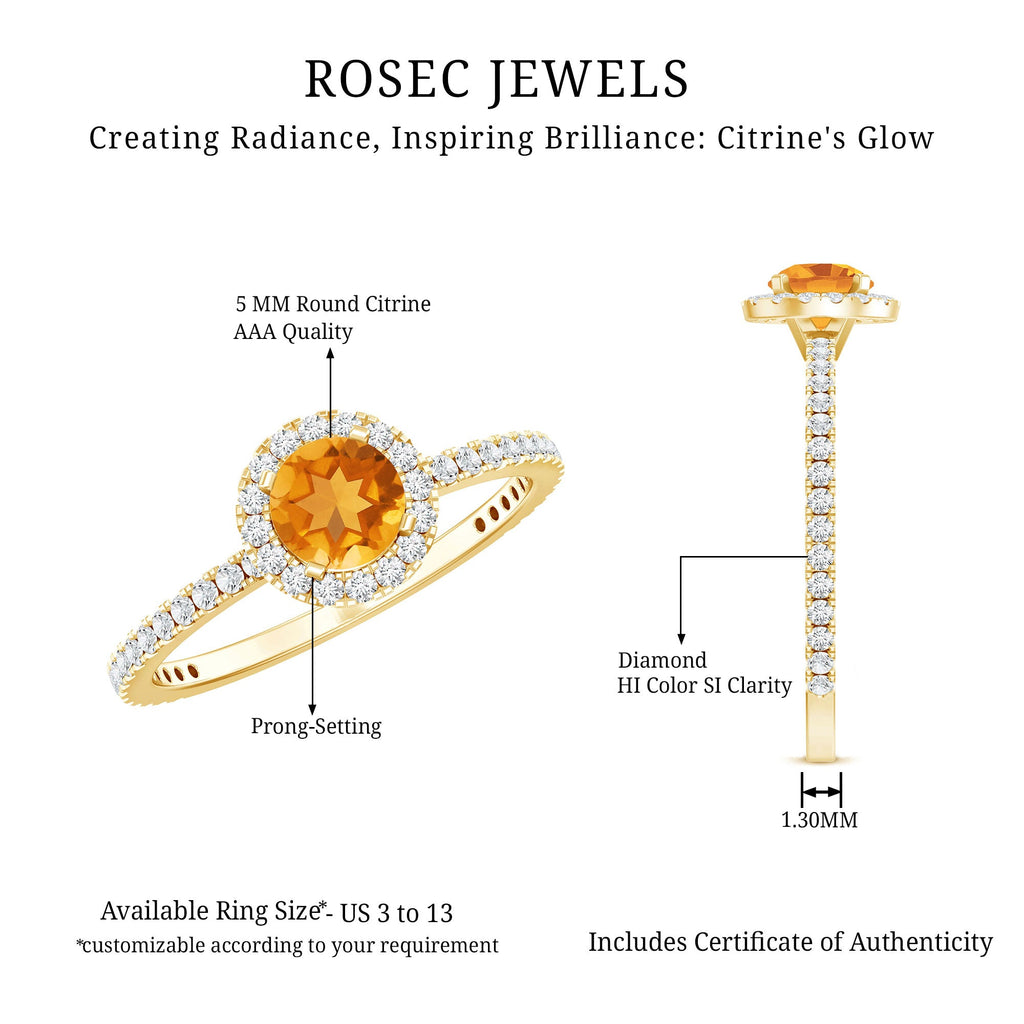 Citrine Engagement Ring – Round Cut Citrine Halo Diamond Band | Classic Prong Setting