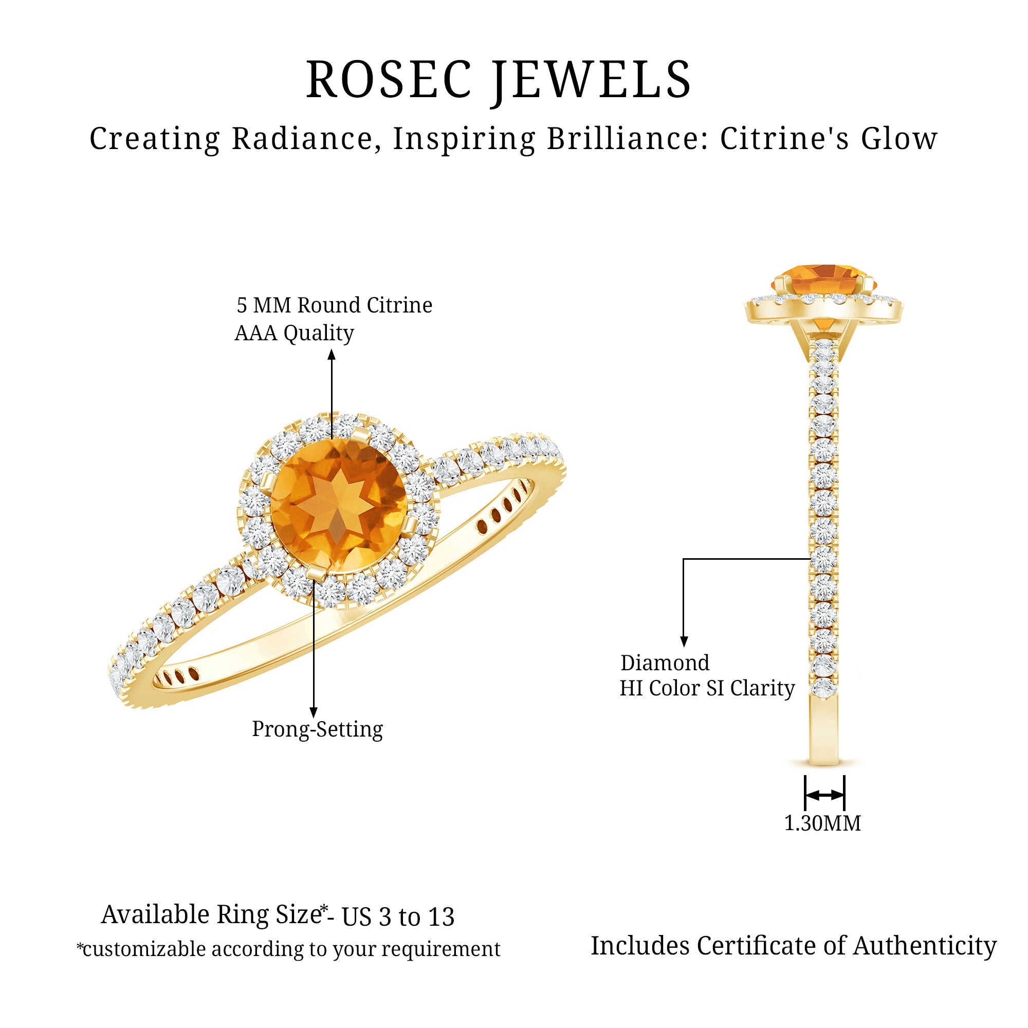 Citrine Engagement Ring – Round Cut Citrine Halo Diamond Band | Classic Prong Setting
