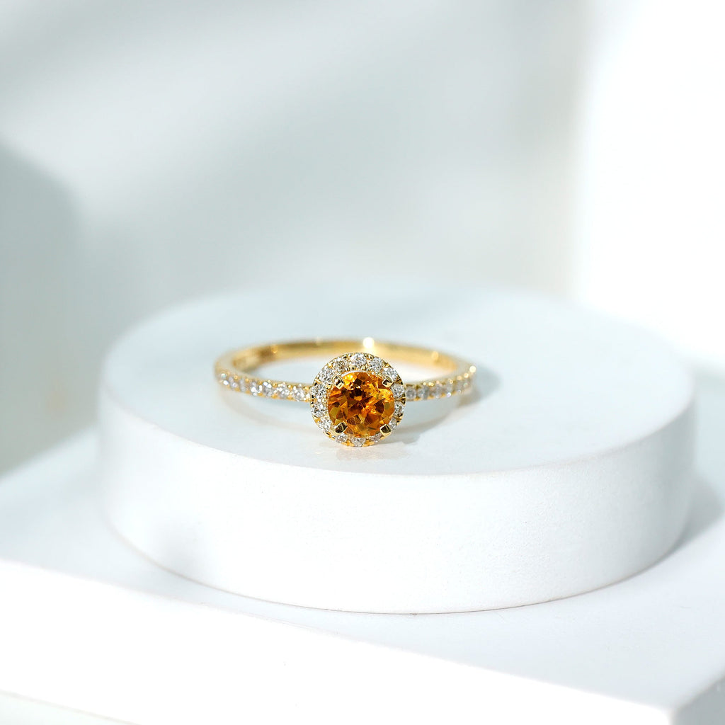Citrine Engagement Ring – Round Cut Citrine Halo Diamond Band | Classic Prong Setting