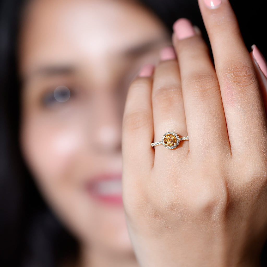 Citrine Engagement Ring – Round Cut Citrine Halo Diamond Band | Classic Prong Setting