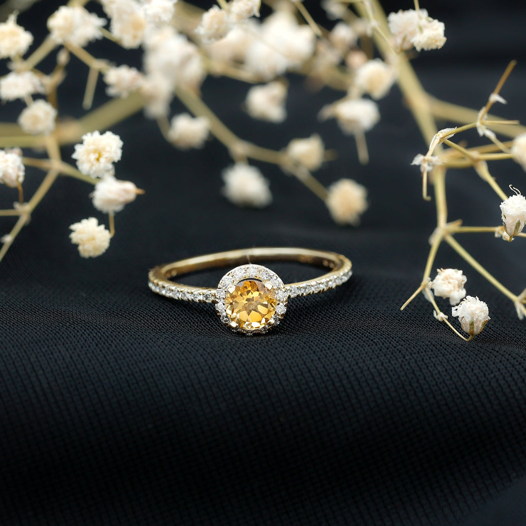 Citrine Engagement Ring – Round Cut Citrine Halo Diamond Band | Classic Prong Setting