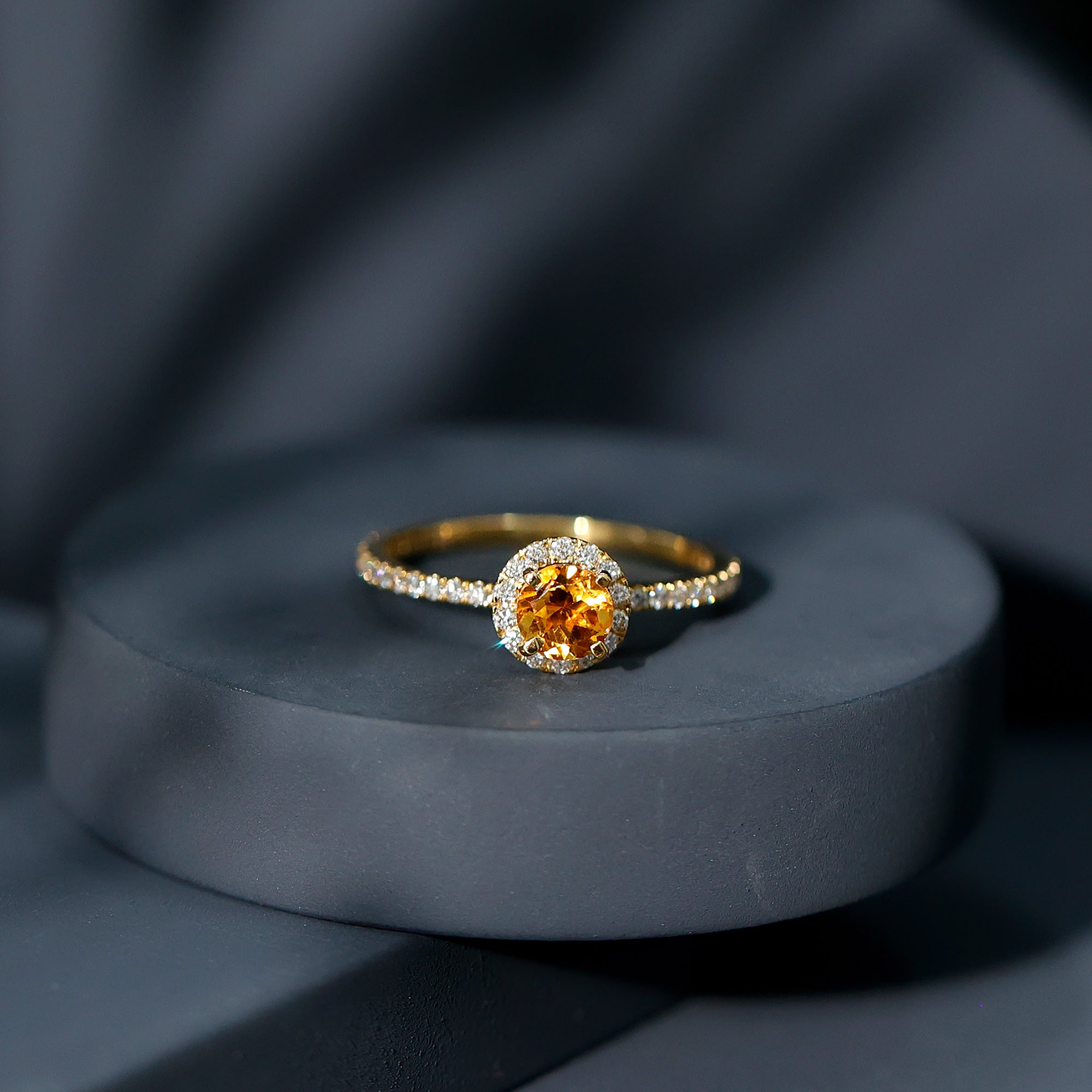 Citrine Engagement Ring – Round Cut Citrine Halo Diamond Band | Classic Prong Setting