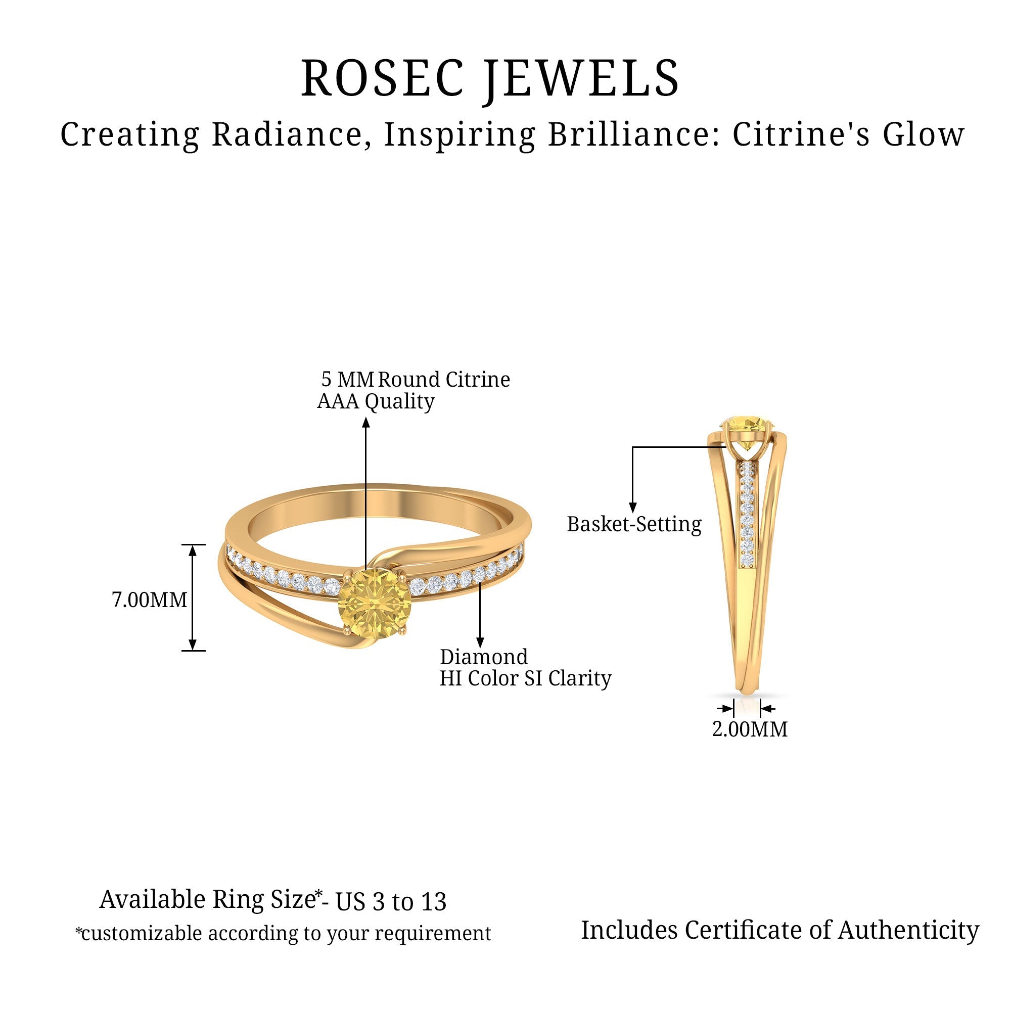 Citrine Engagement Ring – Natural Diamond Bypass Shank Design, Comfortable Daily Wear