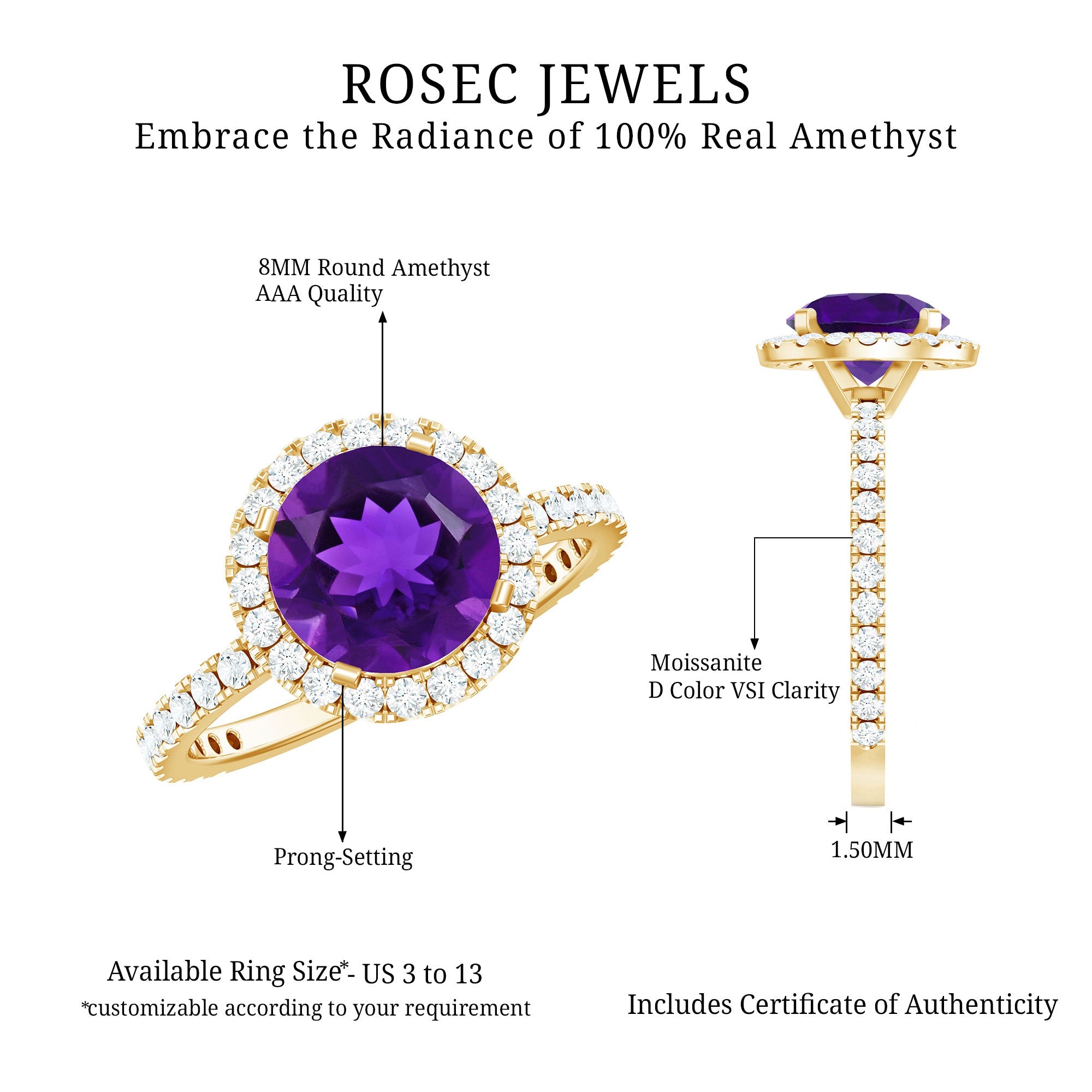 Certified Real 2 Carat Amethyst Engagement Ring with Moissanite Halo