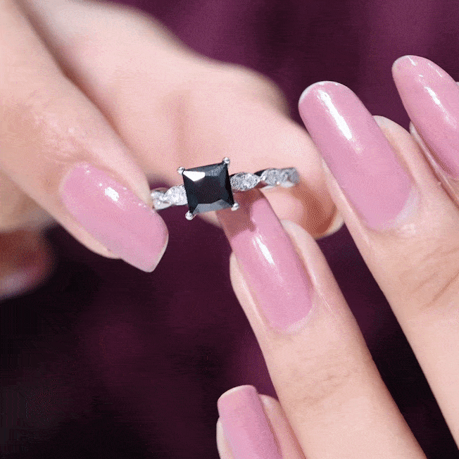 Princess Cut Black Onyx and Diamond Designer Engagement Ring