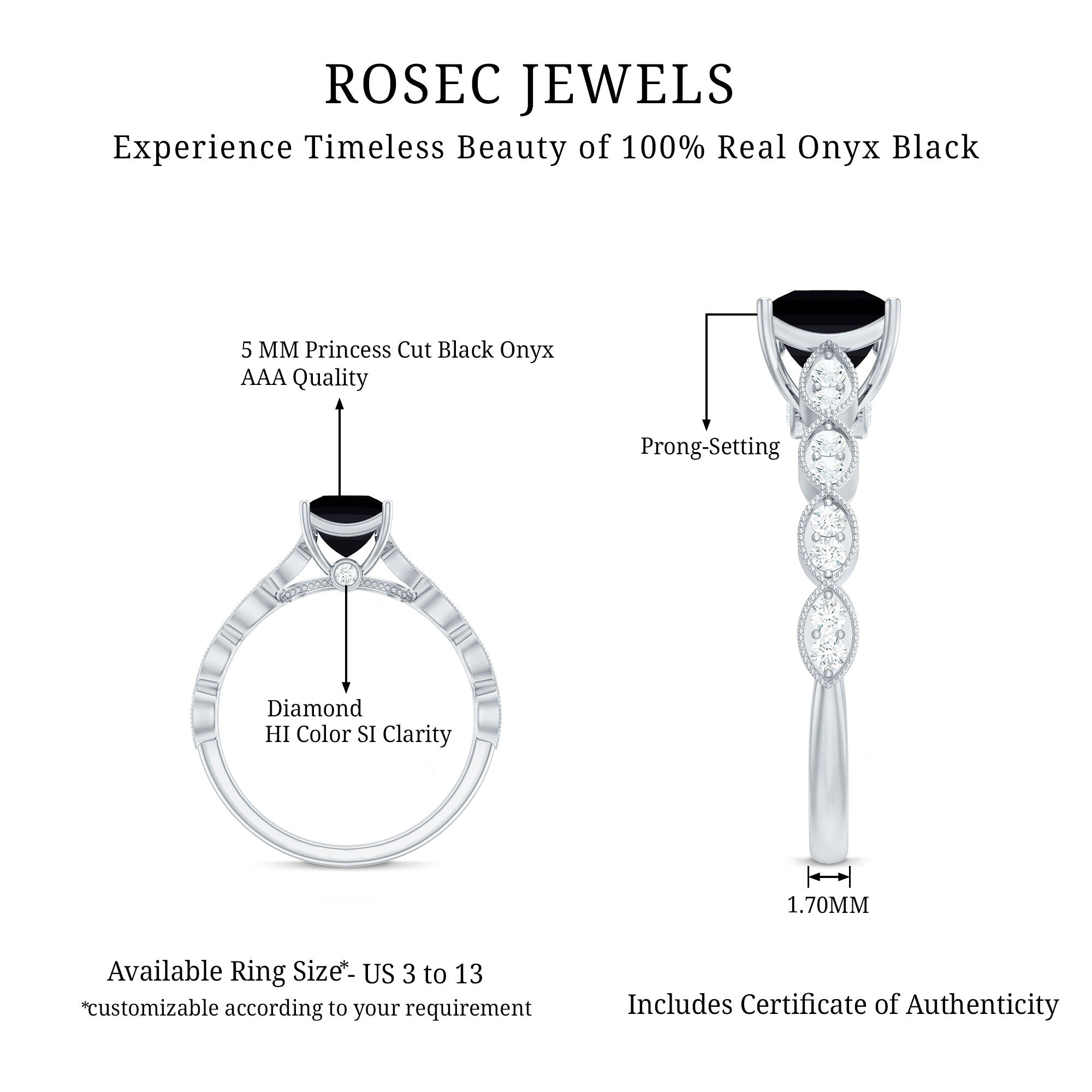 Princess Cut Black Onyx and Diamond Designer Engagement Ring