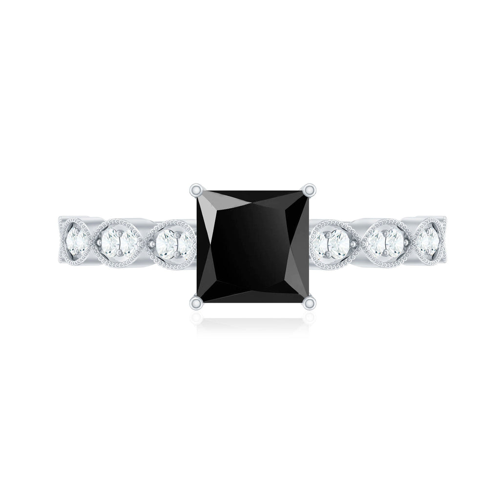 Princess Cut Black Onyx and Diamond Designer Engagement Ring