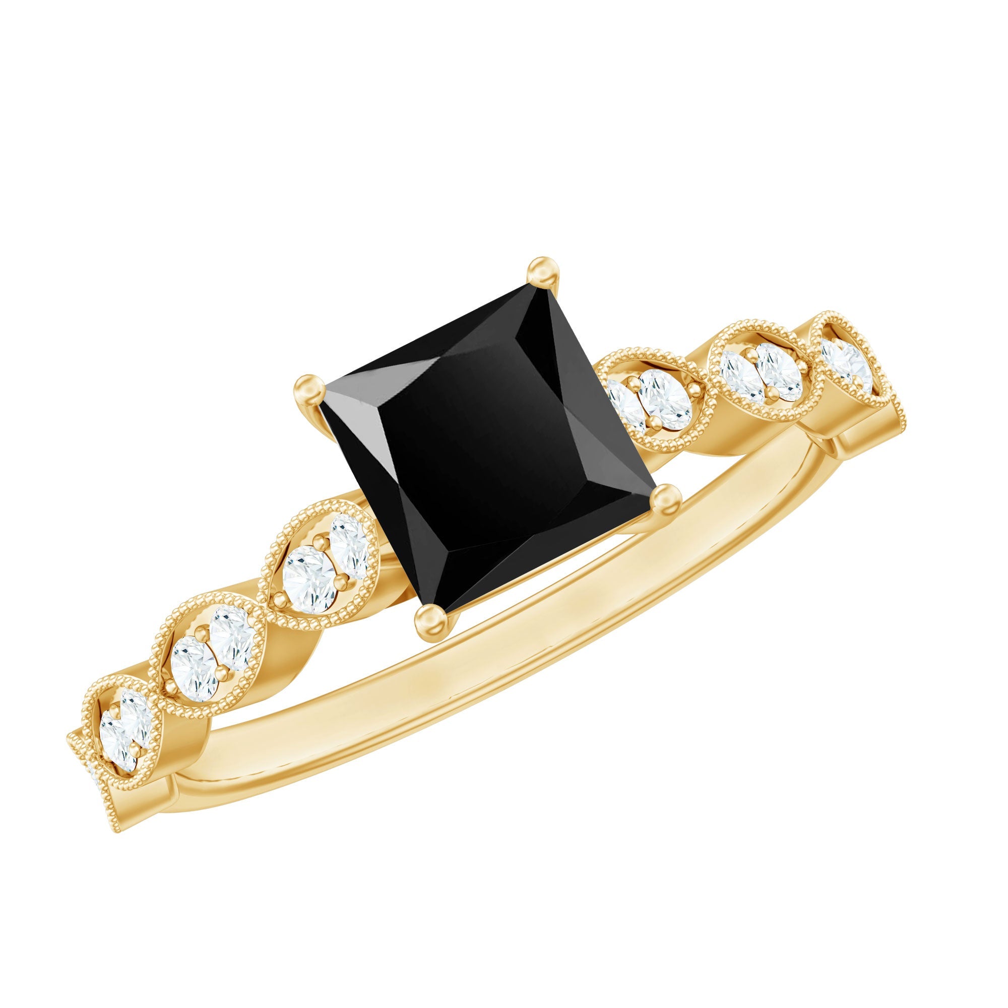 Princess Cut Black Onyx and Diamond Designer Engagement Ring