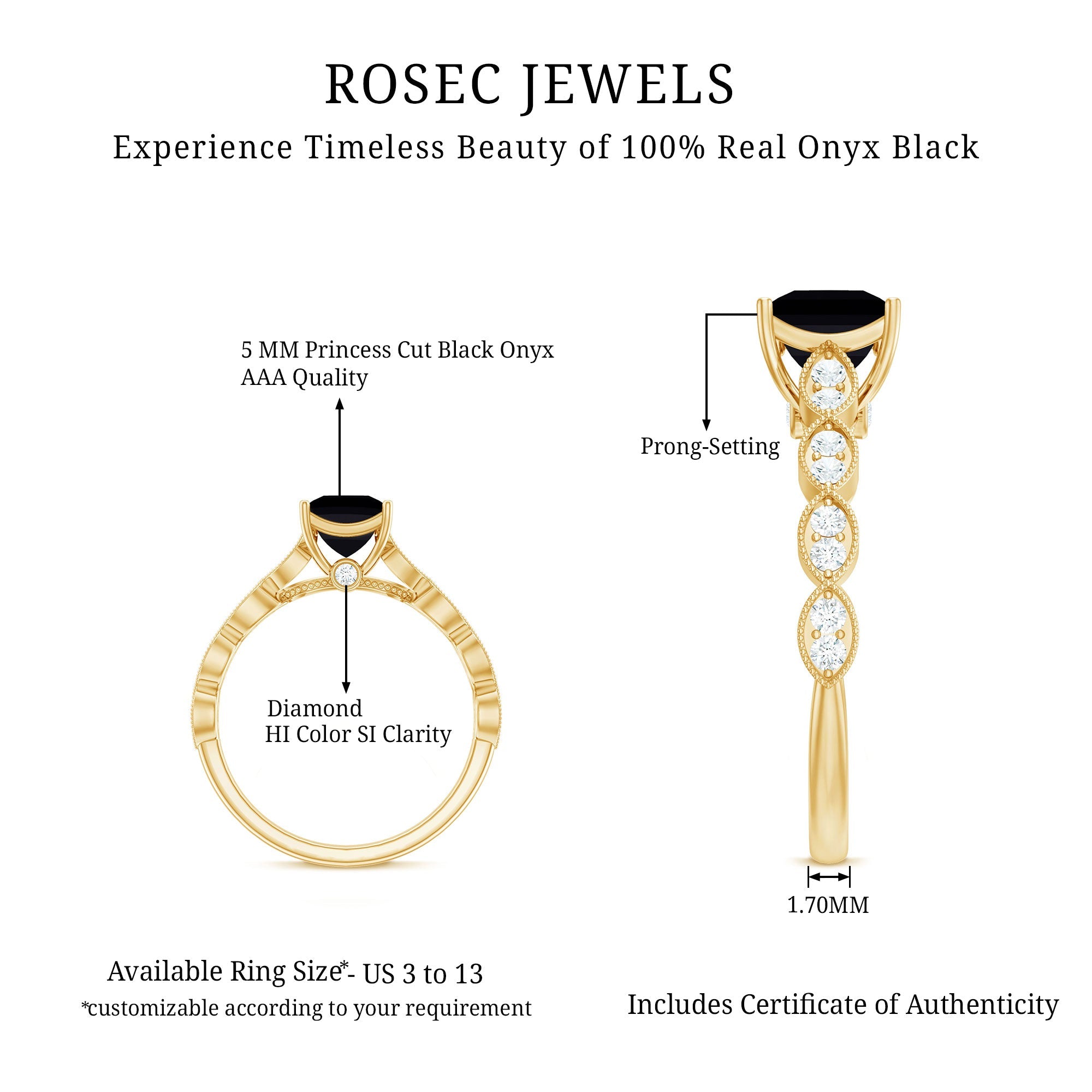 Princess Cut Black Onyx and Diamond Designer Engagement Ring