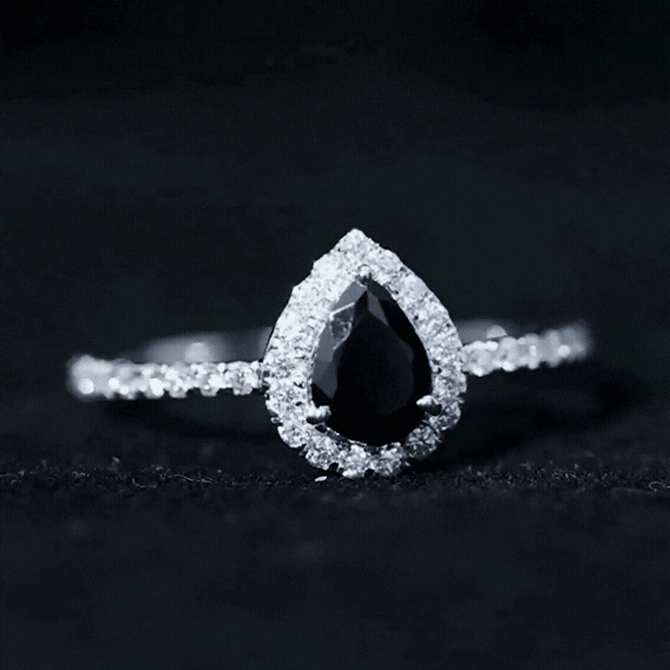 Natural Black Spinel Pear Shaped Engagement Ring with Diamond Halo