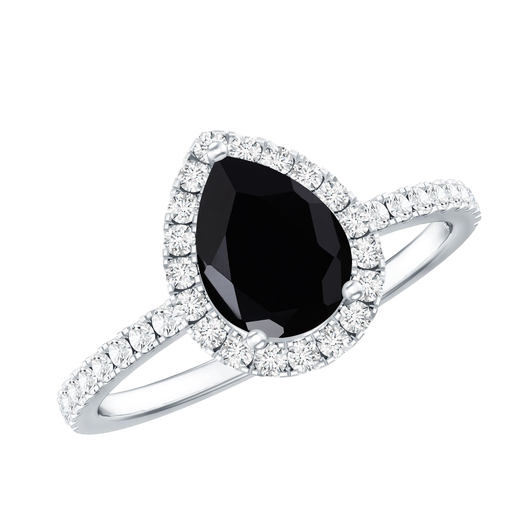 Natural Black Spinel Pear Shaped Engagement Ring with Diamond Halo