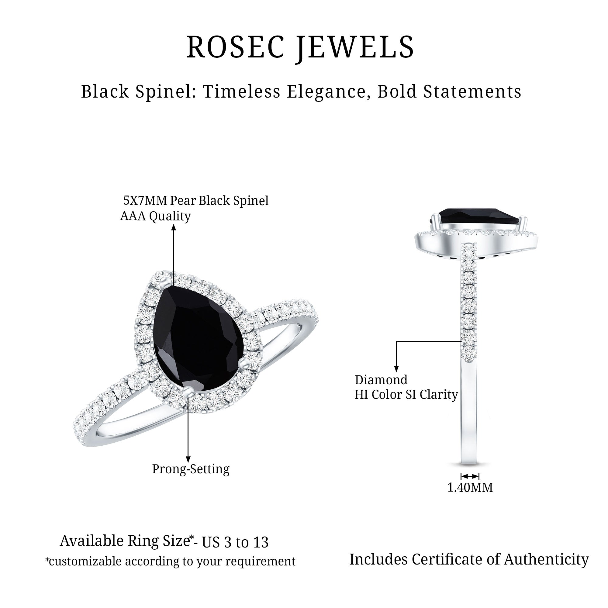 Natural Black Spinel Pear Shaped Engagement Ring with Diamond Halo
