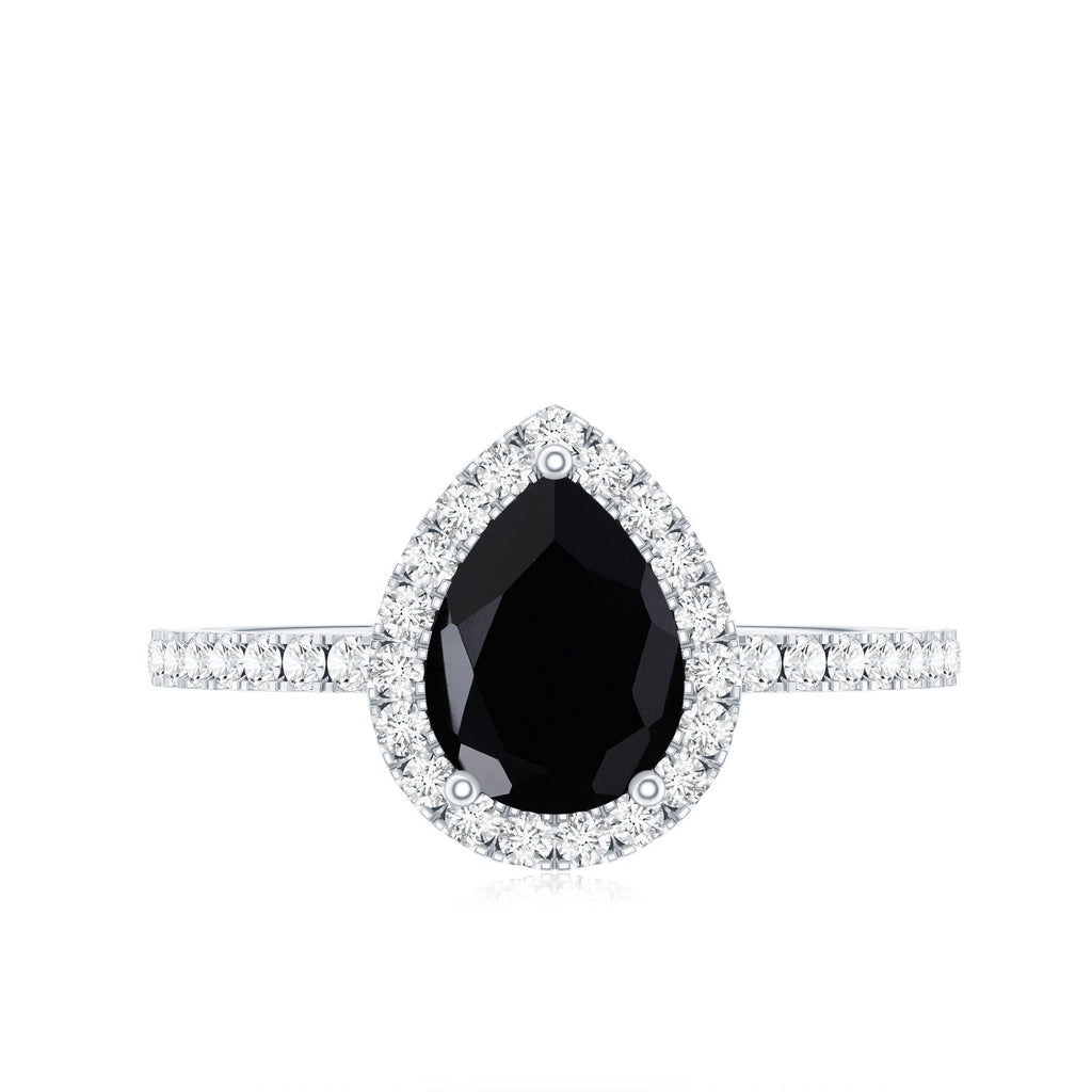 Natural Black Spinel Pear Shaped Engagement Ring with Diamond Halo